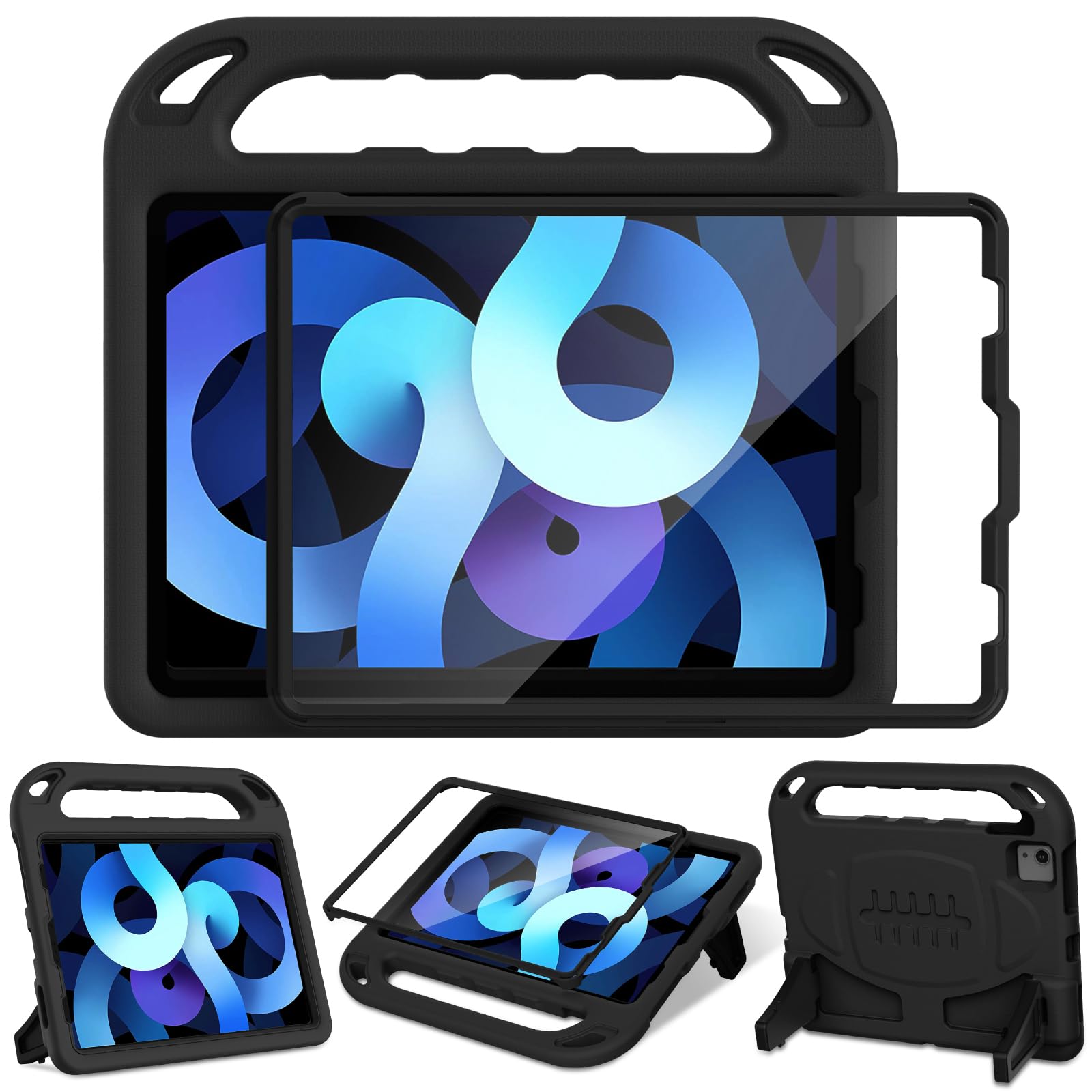 LTROP iPad Air 5/4 Case (2022/2020) & iPad Pro 11 Case (2021/2020/2018) - Shockproof Protective Cover with Built-in Screen Protector & Adjustable Stand - Perfect for Work, Travel, and Entertainment - Black