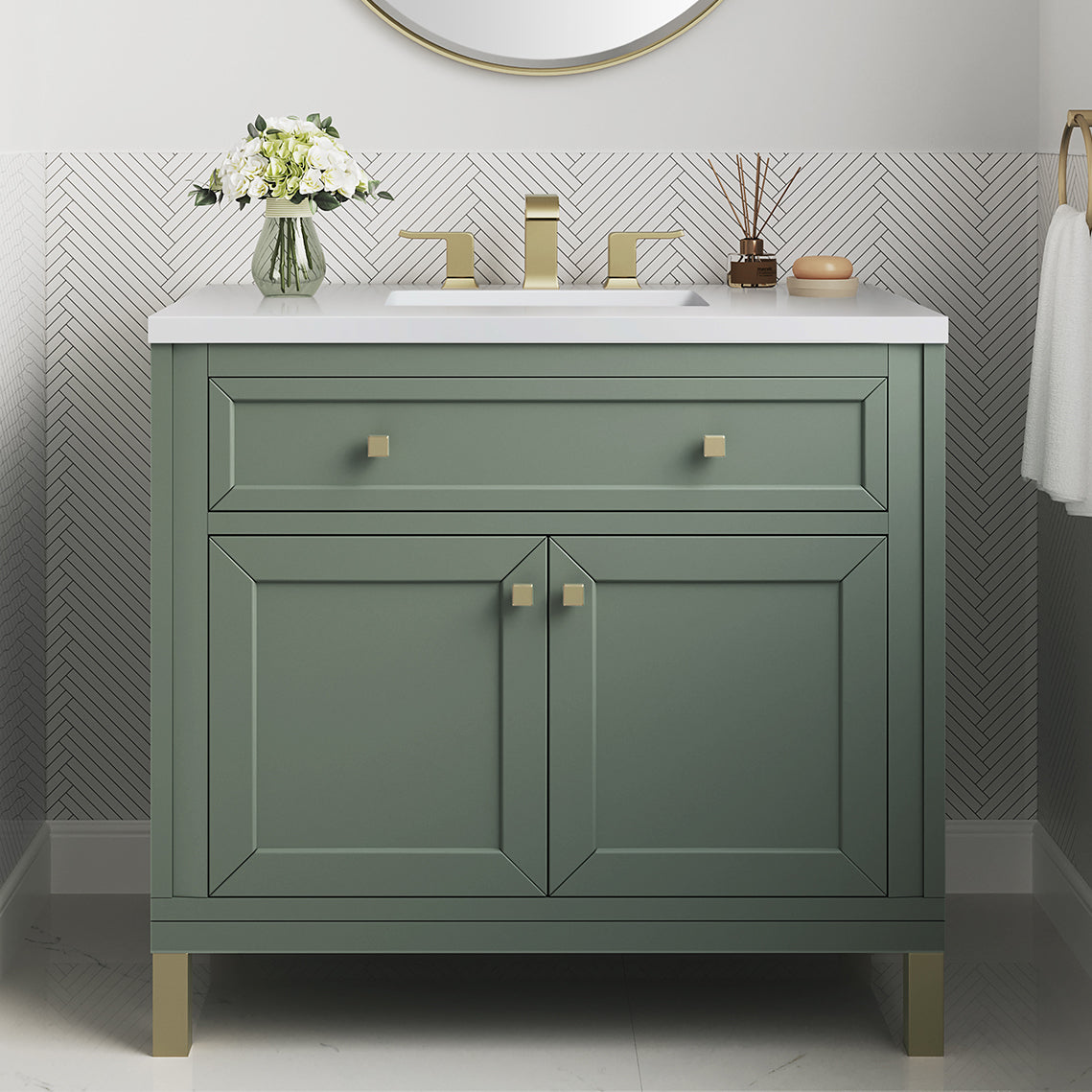 James Martin Vanities Chicago Collection 36 Inch Single Bathroom Vanity in Smokey Celadon with Countertop Options - Modern Farmhouse Style for Small Bathrooms & Powder Rooms