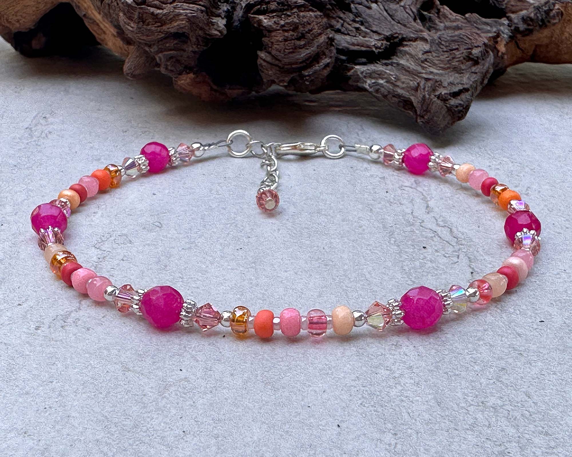 10 Hibiscus Peach Gemstone Beaded Anklet - Handmade Boho Ankle Bracelet for Women, Summer Beach Jewelry Gift for Her, Perfect for Vacations & Music Festivals
