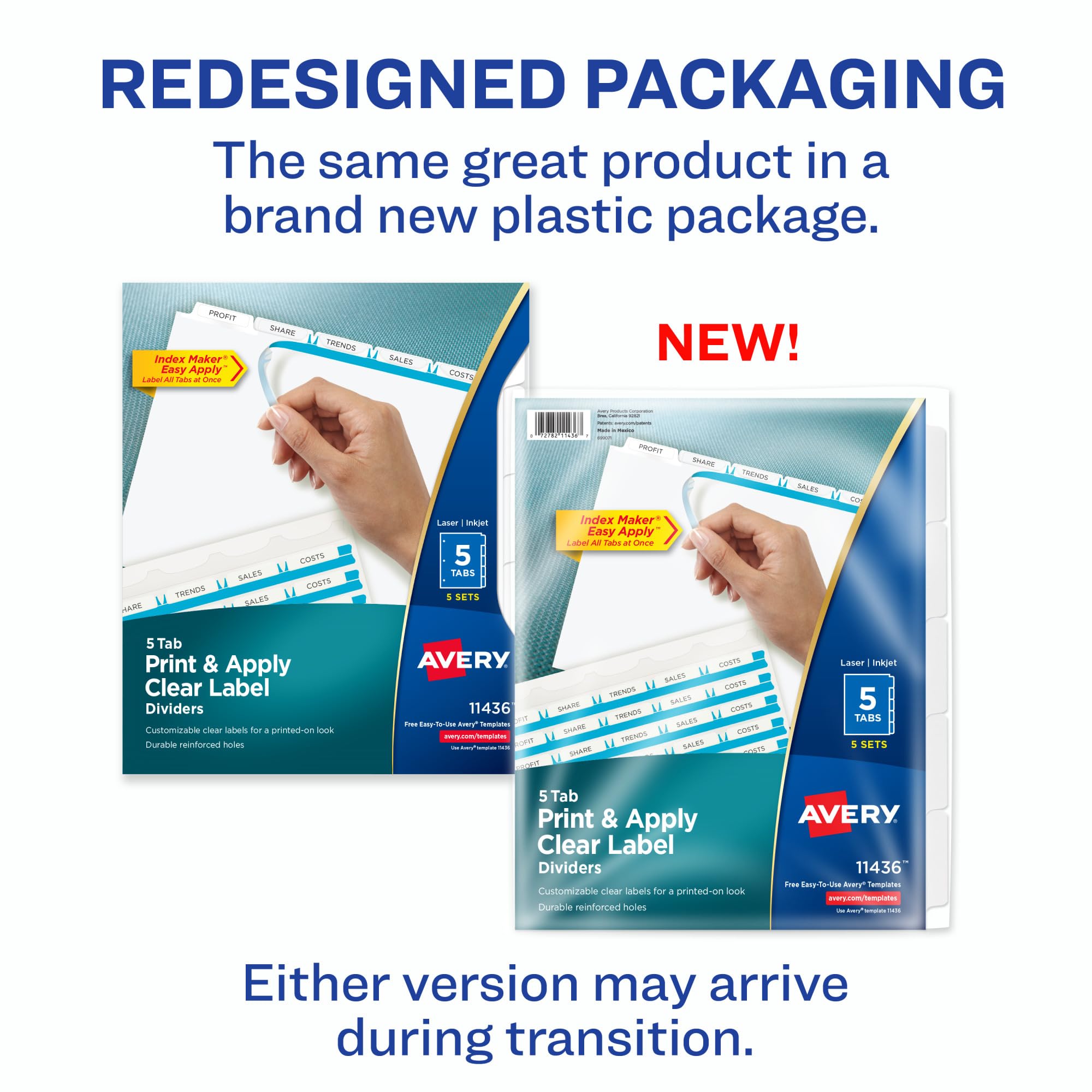 Avery 5-Tab Dividers for 3-Ring Binder - Customizable White Tabs with Clear Label Strips, Easy Print & Apply - 5 Sets (11436) - Perfect for Office Organization, School Binders, and Document Filing