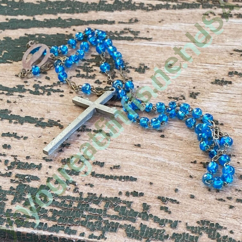 Vintage Italian Rosary with Blue Glass Beads - Handmade Catholic Prayer Beads for Religious Devotion, Gifts & Spiritual Meditation