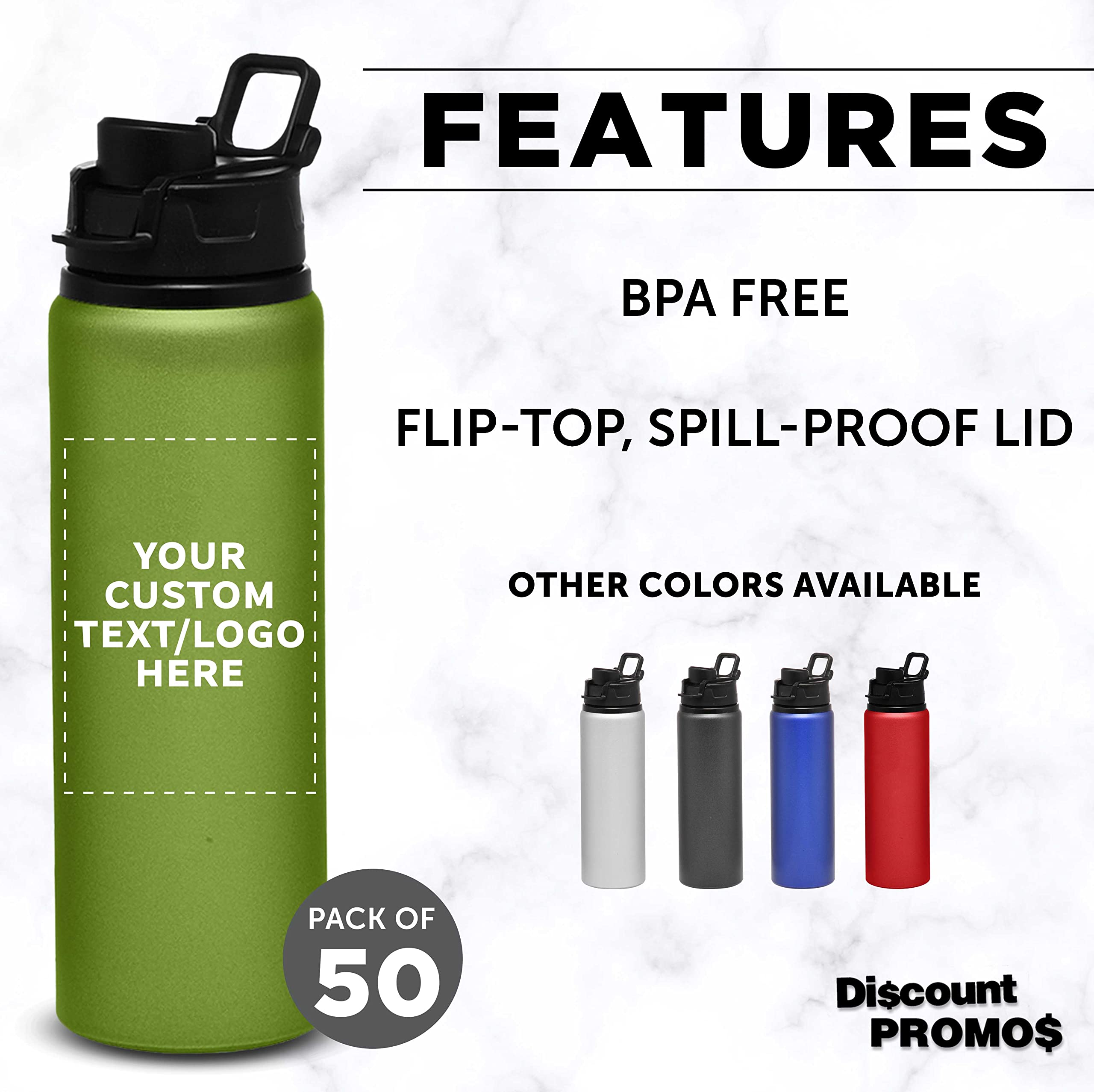 Custom 25oz Aluminum Water Bottles with Snap Lids - Bulk Pack of 50 Personalized Reusable Drinkware - Eco-Friendly Gym, Hiking, Cycling & School Accessories - Ideal for Sports, Outdoor Activities & Corporate Gifts - Green