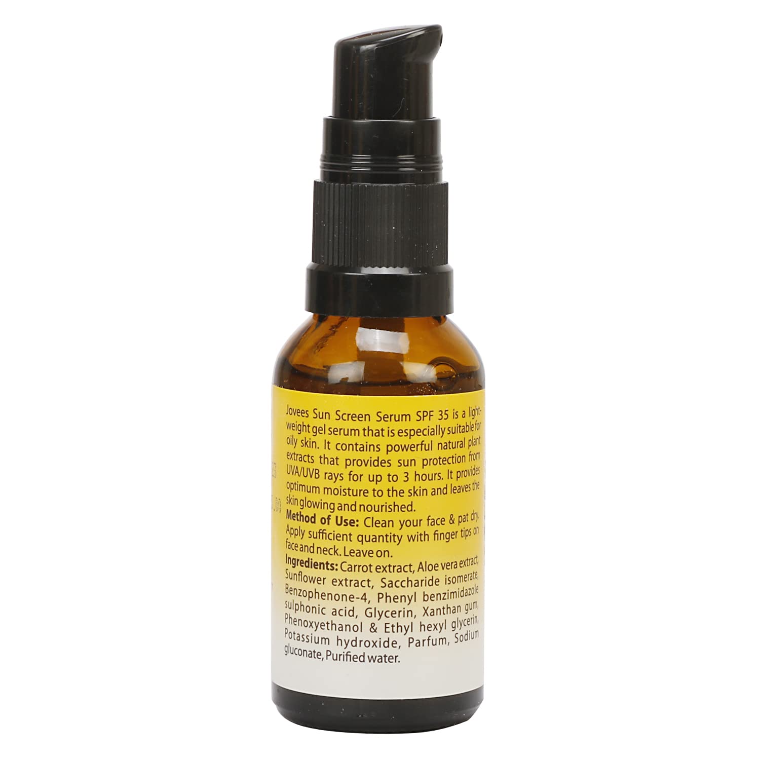 Jovees Herbal Sunscreen Face Serum SPF 35 with Aloe Vera, Carrot & Sunflower Extract - Lightweight Gel Formula for Sun Protection - 30ml for Oily & Acne-Prone Skin - Perfect for Daily Use, Outdoor Activities & Beach Trips