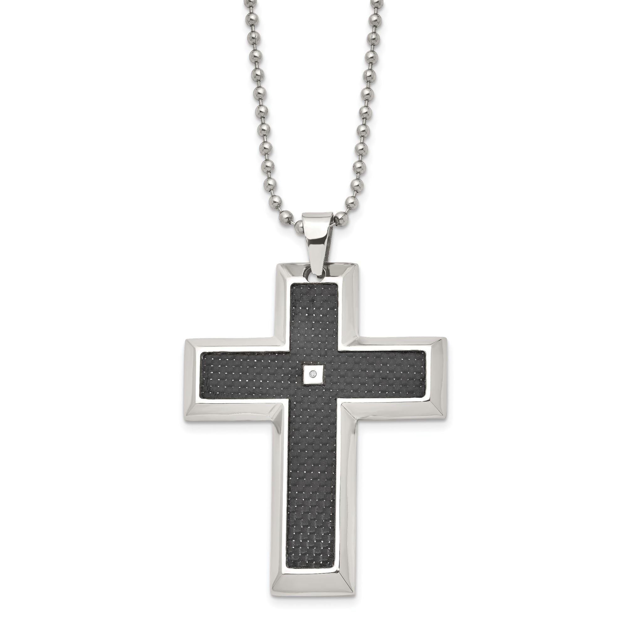 Stainless Steel Black Carbon Fiber Diamond Holy Cross Necklace - Religious Jesus Christ Pendant with 24 Inch Ball Link Chain - Perfect for Church, Baptism, Weddings & Everyday Faith Jewelry