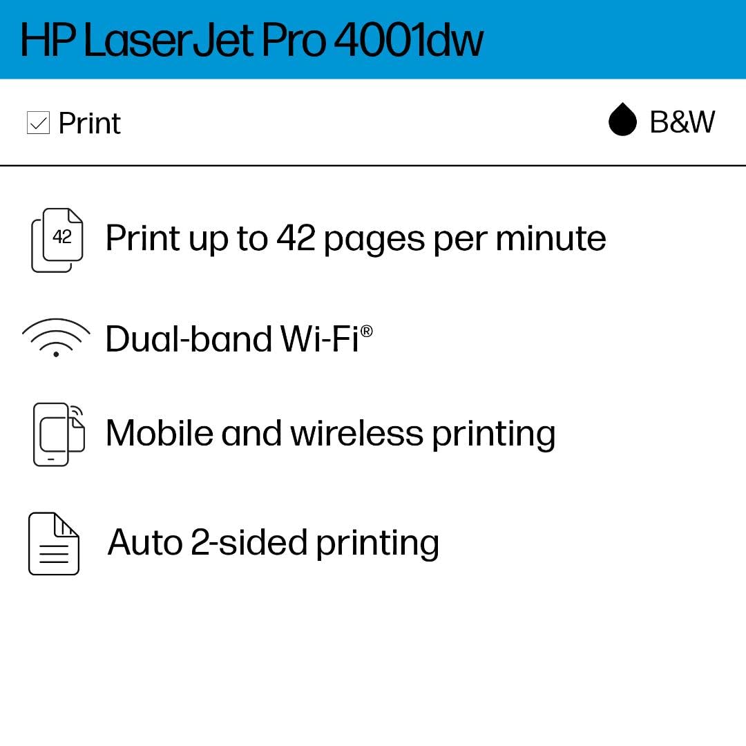 HP LaserJet Pro 4001dw Wireless Monochrome Laser Printer for Office - Fast Printing, Duplex Scanning, Secure Networking (2Z601F) | Ideal for Home Office, Small Business & Remote Work