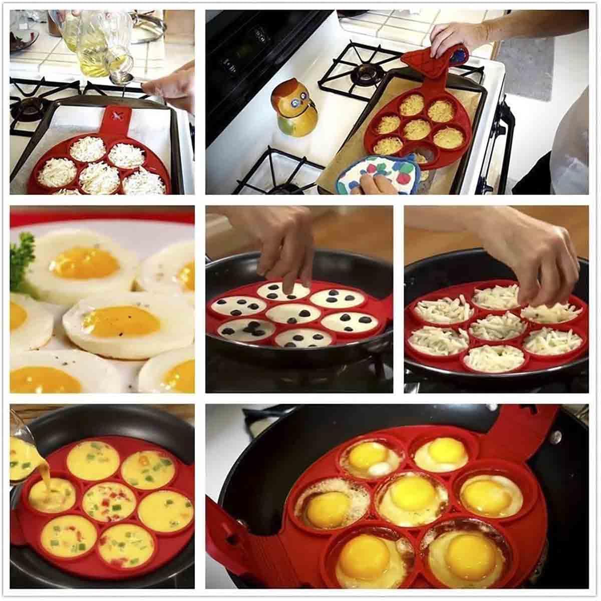 Flip N Cook Silicone Pancake Mold - Non-Stick Round Pancake Maker for Perfect Fluffy Pancakes - Easy to Use & Clean - Ideal for Breakfast, Brunch & Kids Cooking (Red)
