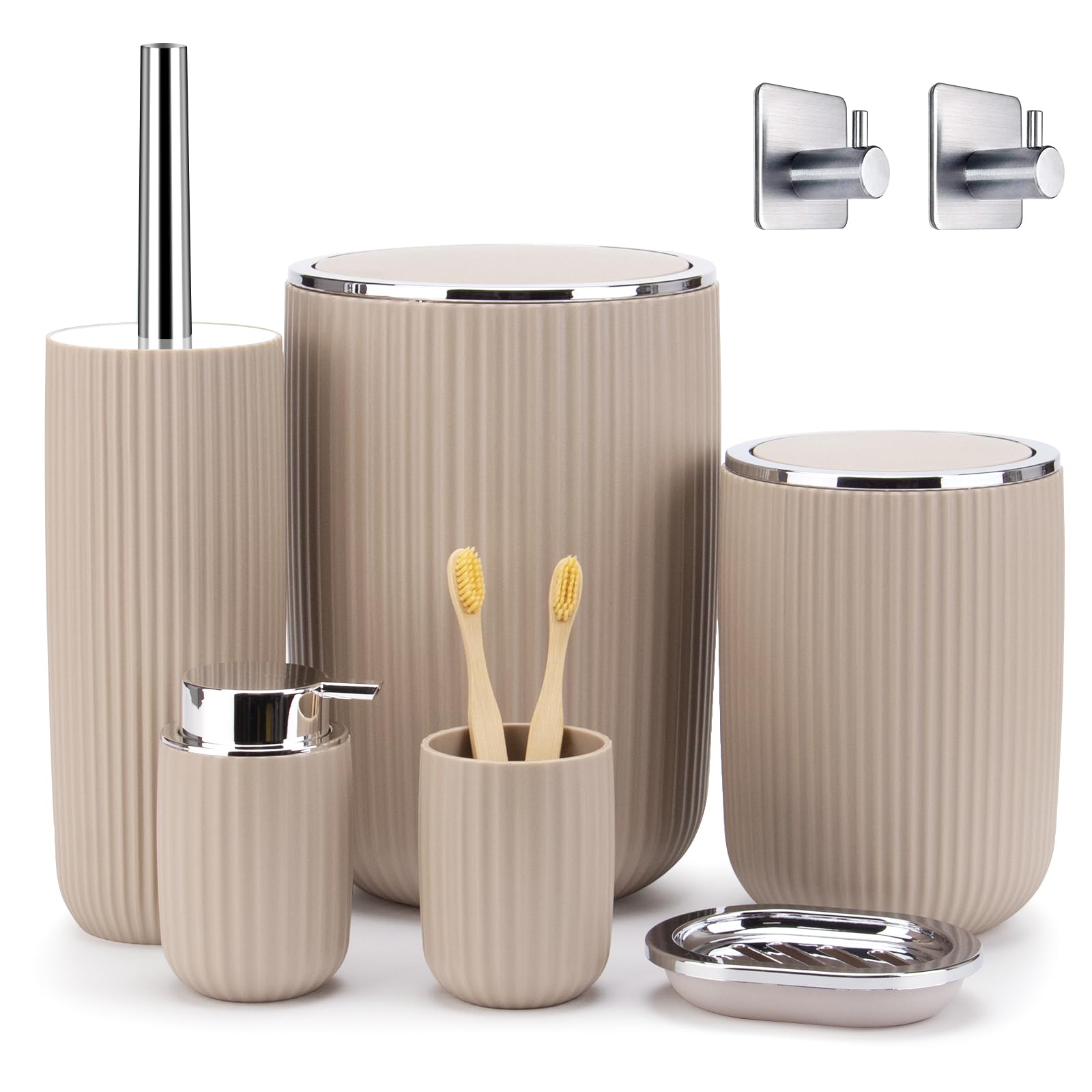 Boperzi 8-Piece Bathroom Accessory Set - Includes Trash Can, Lotion Dispenser, Soap Dish, Toothbrush Holder, Toilet Brush & Adhesive Hooks - Modern Beige Bathroom Decor Kit for Home, Apartment & Guest Bathroom Organization