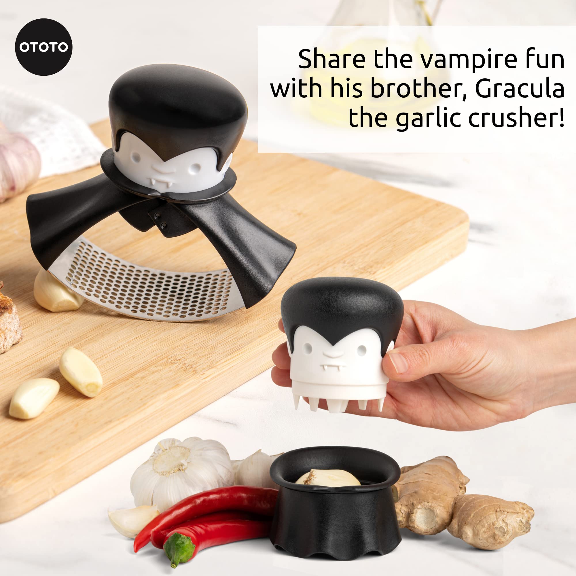 OTOTO Rockula Stainless Steel Garlic Press - Garlic Masher & Rocker for Easy Garlic Crushing - Perfect for Halloween Gifts & Kitchen Use - Dishwasher Safe & Easy to Clean - Ideal for Cooking, Baking & Spooky Party Decor