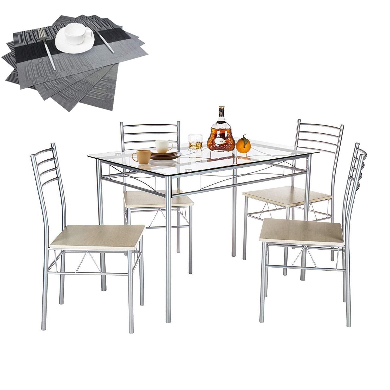 VECELO 5-Piece Dining Table Set with 4 Chairs & 4 Placemats - Silver X-Large for Kitchen, Dining Room, and Small Space