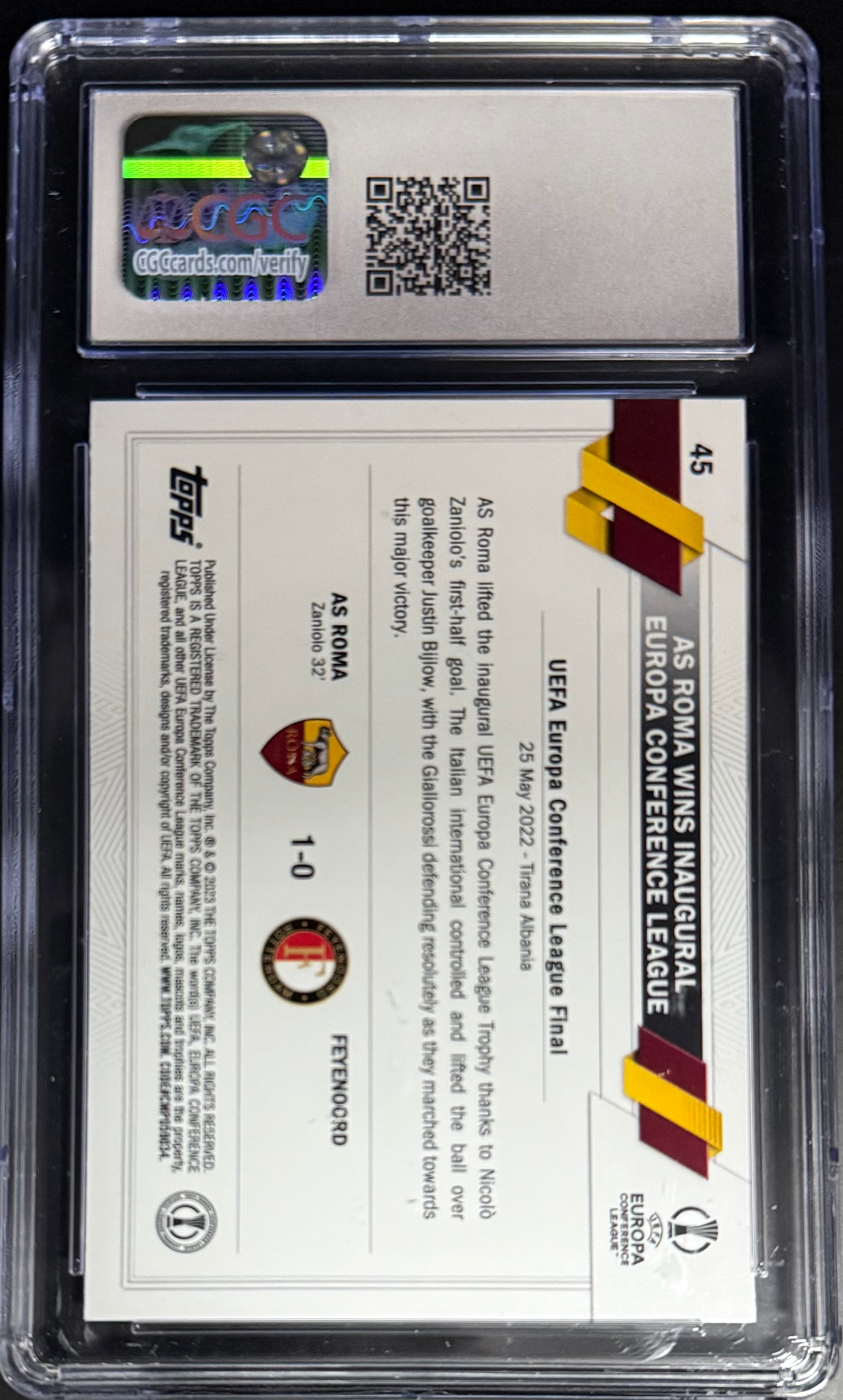 Topps AS Roma UEFA Club Competitions 2022-23 Title Winners Base Card #45 CGC 10 - Perfect for Soccer Collectors & AS Roma Fans Display