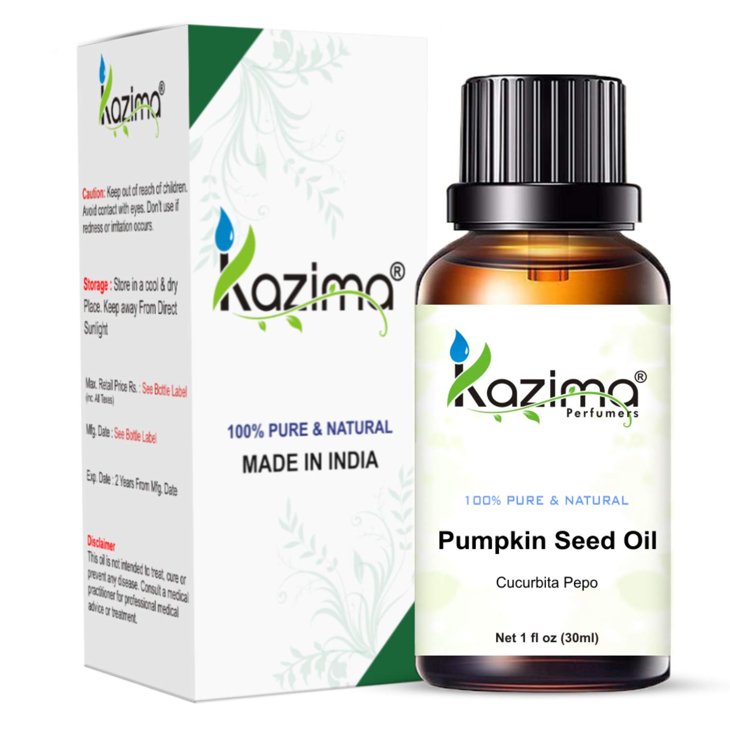KAZIMA 100% Pure Cold Pressed Pumpkin Seed Oil - Undiluted Natural Carrier Oil for Skin & Hair Care (30ml) | Hydrates Dry Skin, Strengthens Hair, Perfect for Massage & Aromatherapy