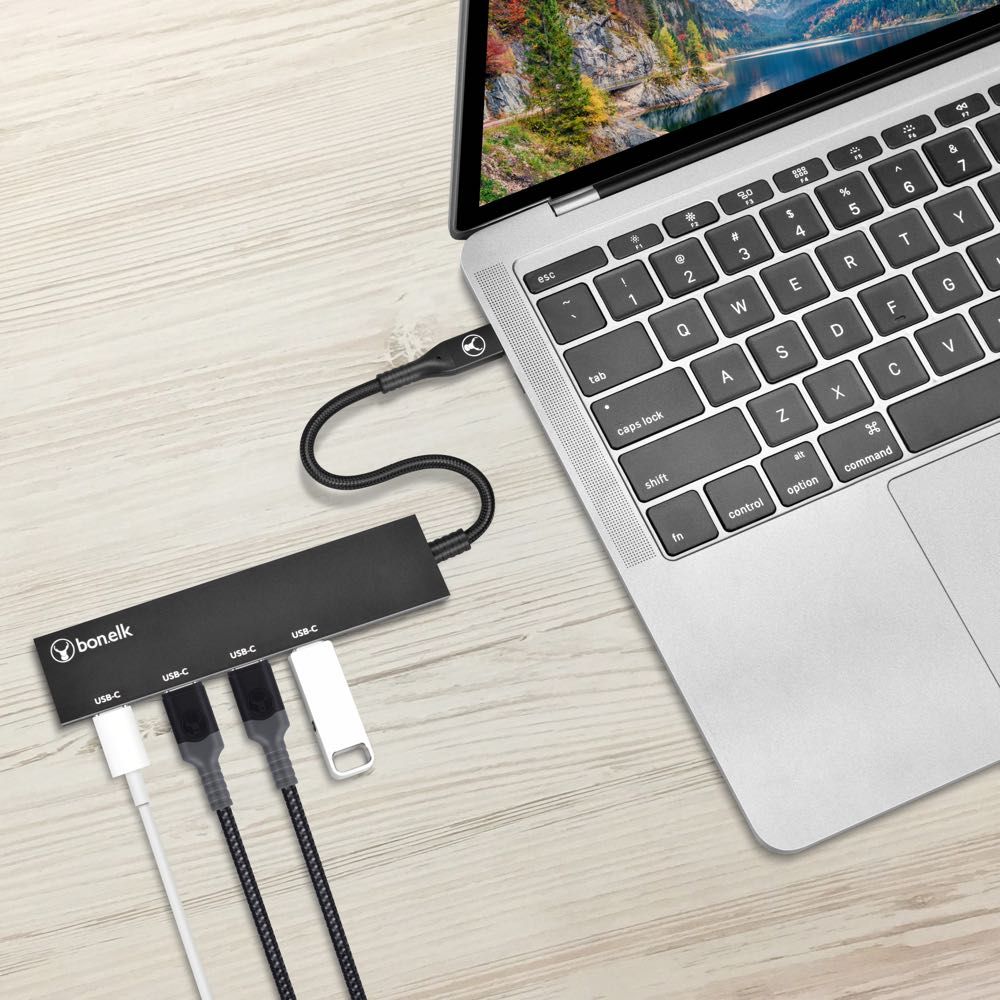 Bonelk Long Life USB C to 4 Port USB 3.0 Hub Adapter - Slim & Portable Multi-Port Expander for MacBook, iPad Pro, Galaxy (Black) | Perfect for Office, Travel & Home Use
