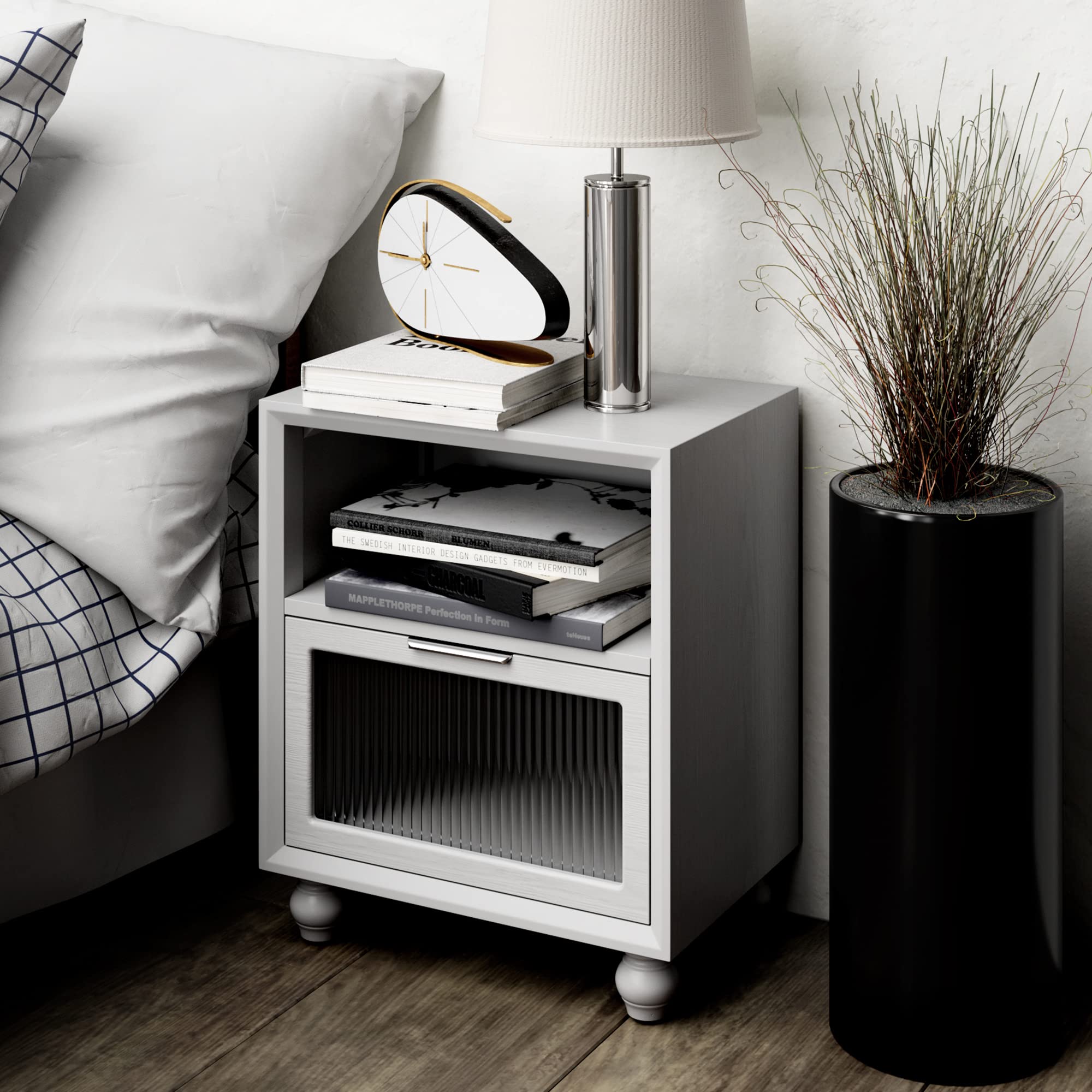 LONYKE Modern Nightstand with Drawer & Shelf - Reeded Glass Storage Bedside Table for Small Spaces - Mid-Century Contemporary Bedroom Dresser in Light Grey - Perfect for Apartments, Dorms & Guest Rooms