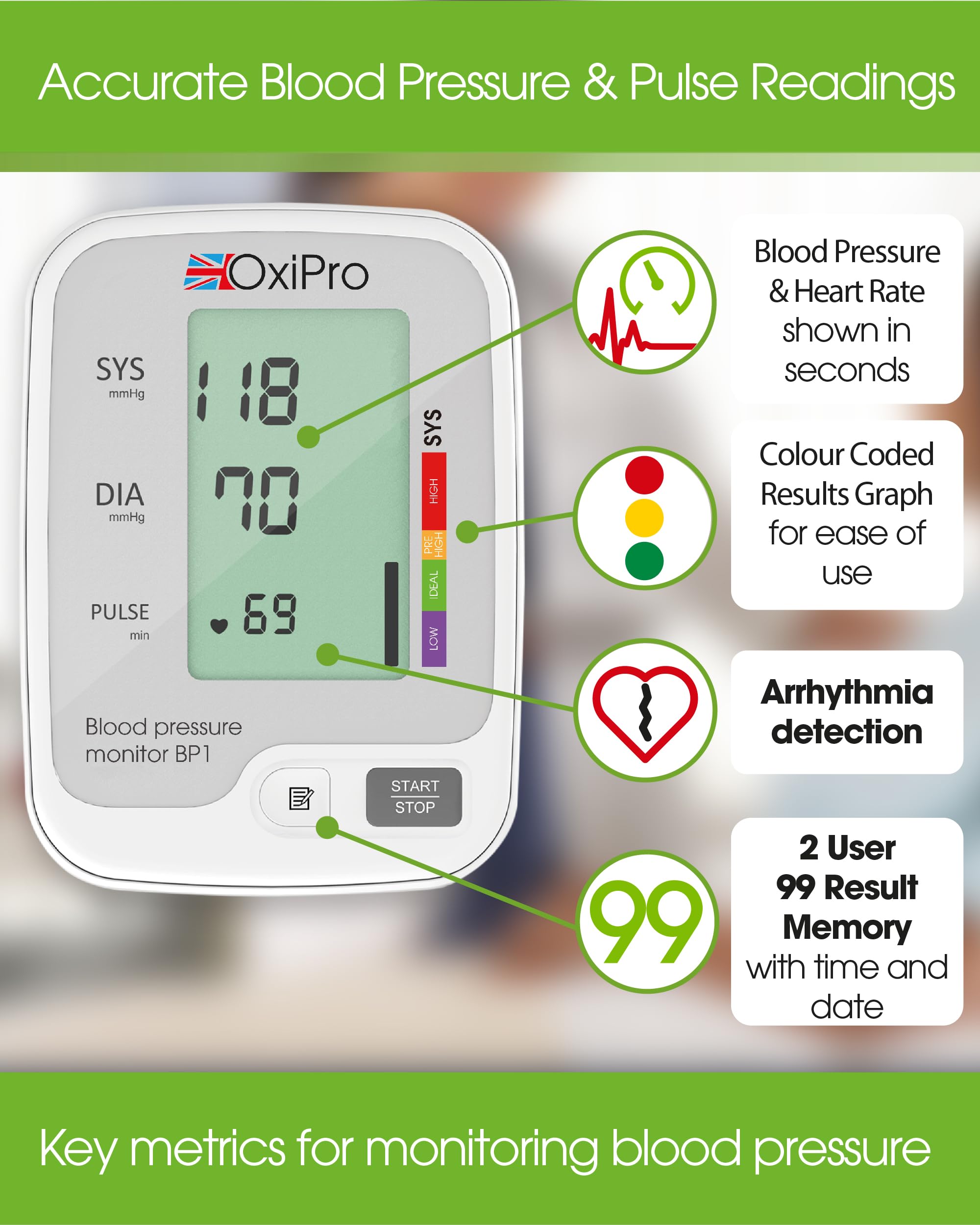 OxiPro BP1 Blood Pressure Monitor - CE Certified for Home Use