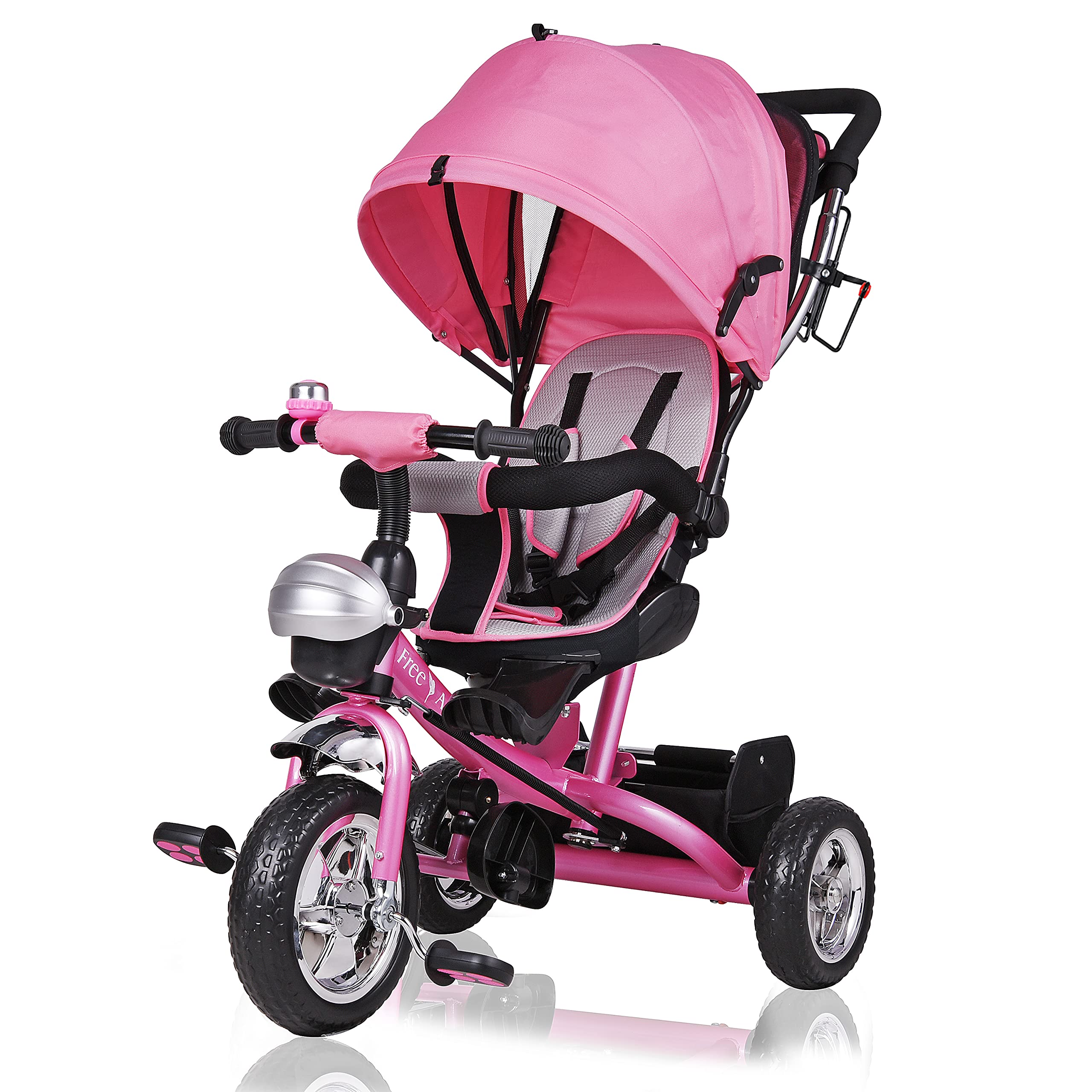 SPIELWERK® 4-in-1 Convertible Baby Tricycle with Push Handle - Pink, Adjustable Rotating Seat, Sun Canopy & Storage Basket - Perfect for Toddlers 10-36 Months - Ideal for Park Rides, Outdoor Play & Learning to Ride