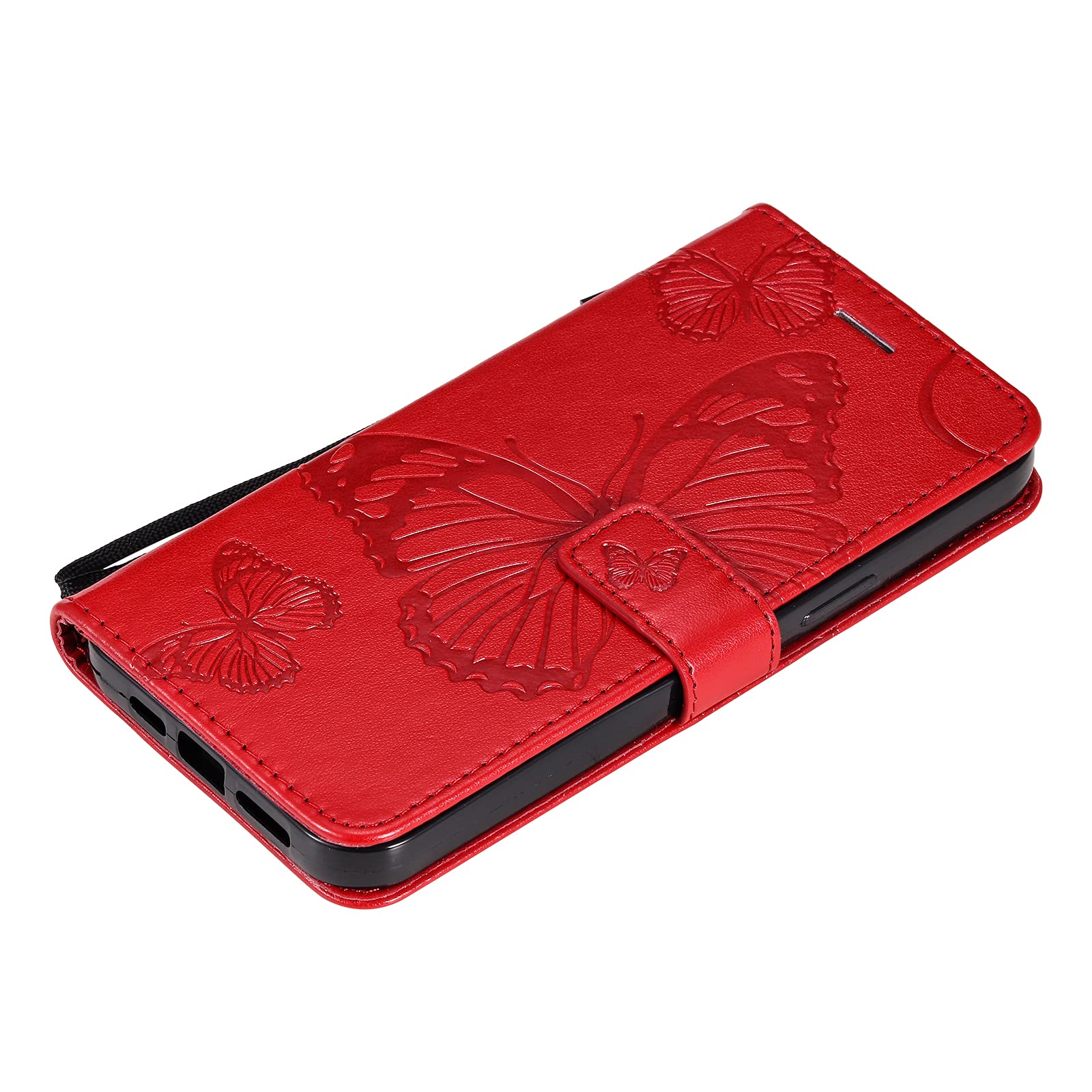 Premium PU Leather Wallet Case with Credit Card Holder & Kickstand for iPhone 13 Pro Max - Embossed Butterfly Red Design | Folio Flip Cover for Daily Use, Travel & Business Meetings (Compatible with iPhone 13 Pro Max)