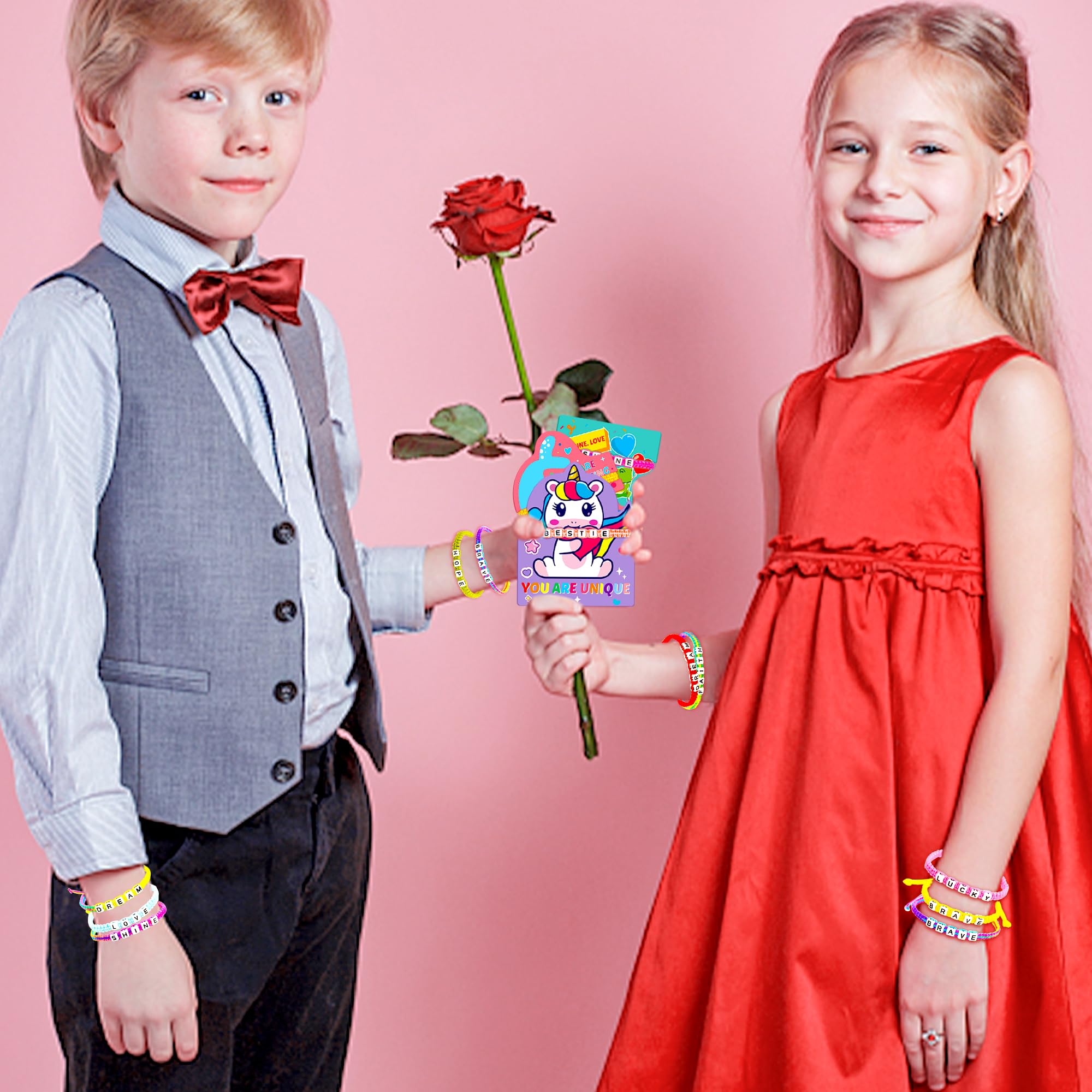 Valentine's Day Cards for Kids with Bracelets - 24 Pack Classroom Exchange Gifts for Boys & Girls - Friendship Bead Bracelets Party Favors - Perfect for School Valentine's Day Celebrations & Classroom Gift Exchanges