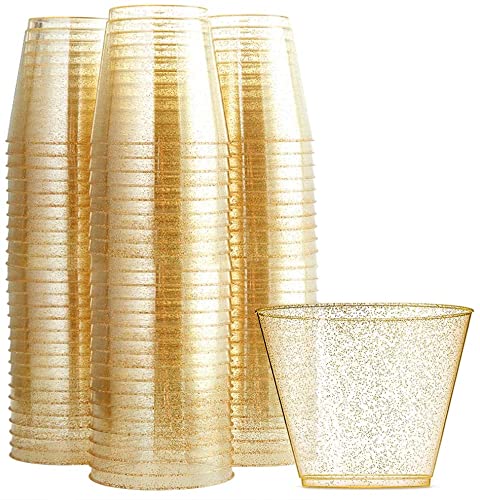 200-Pack 9oz Gold Plastic Cups & 25-Pack Gold Plastic Plates Disposable Set with Gold Plastic Silverware - Elegant Party Tableware for Weddings, Birthdays, and Special Events