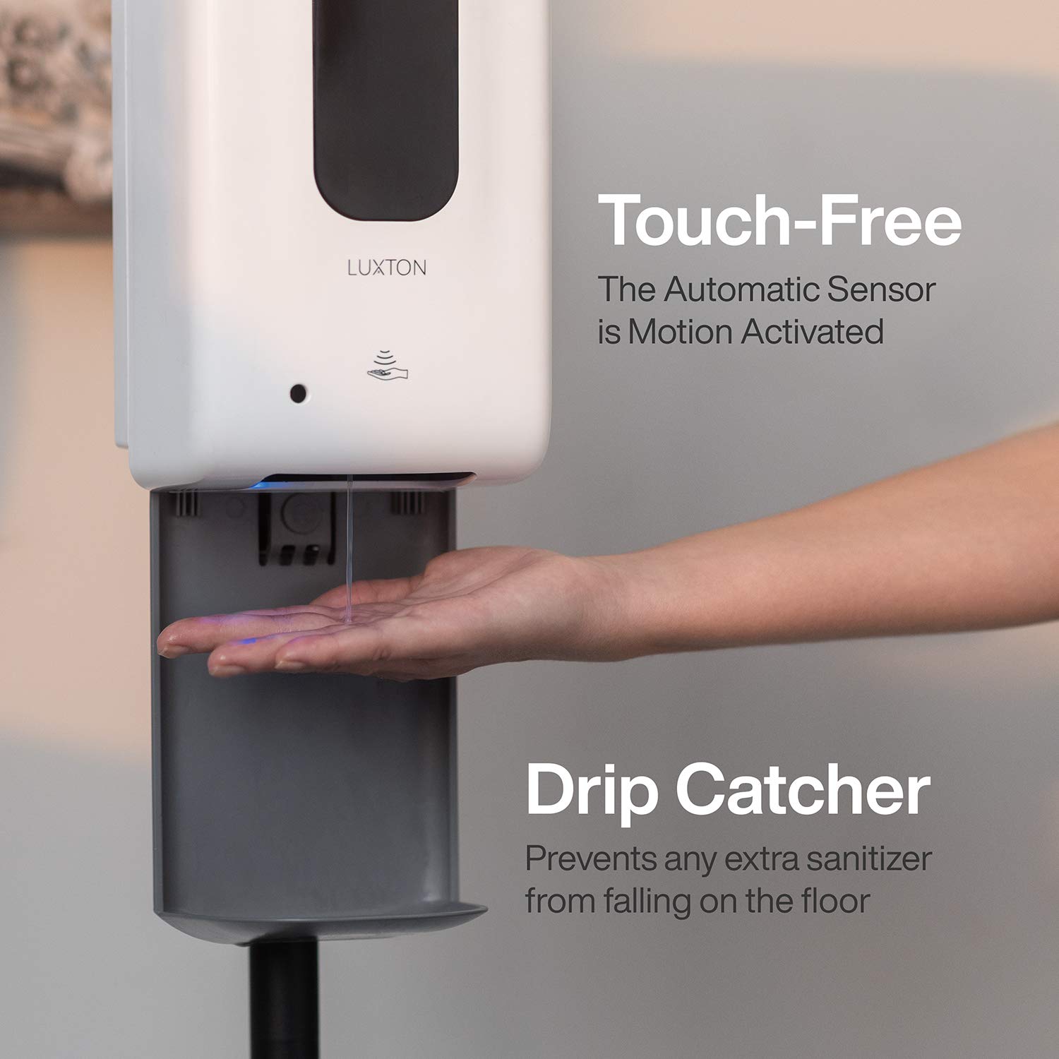 Luxton Automatic Hand Sanitizer Dispenser - Touchless Sensor Sanitizing Station with 1200ml Refillable Bottle, Steel Floor Stand & Drip Catcher - Battery Operated for Home, Office, Hospital, and Public Spaces