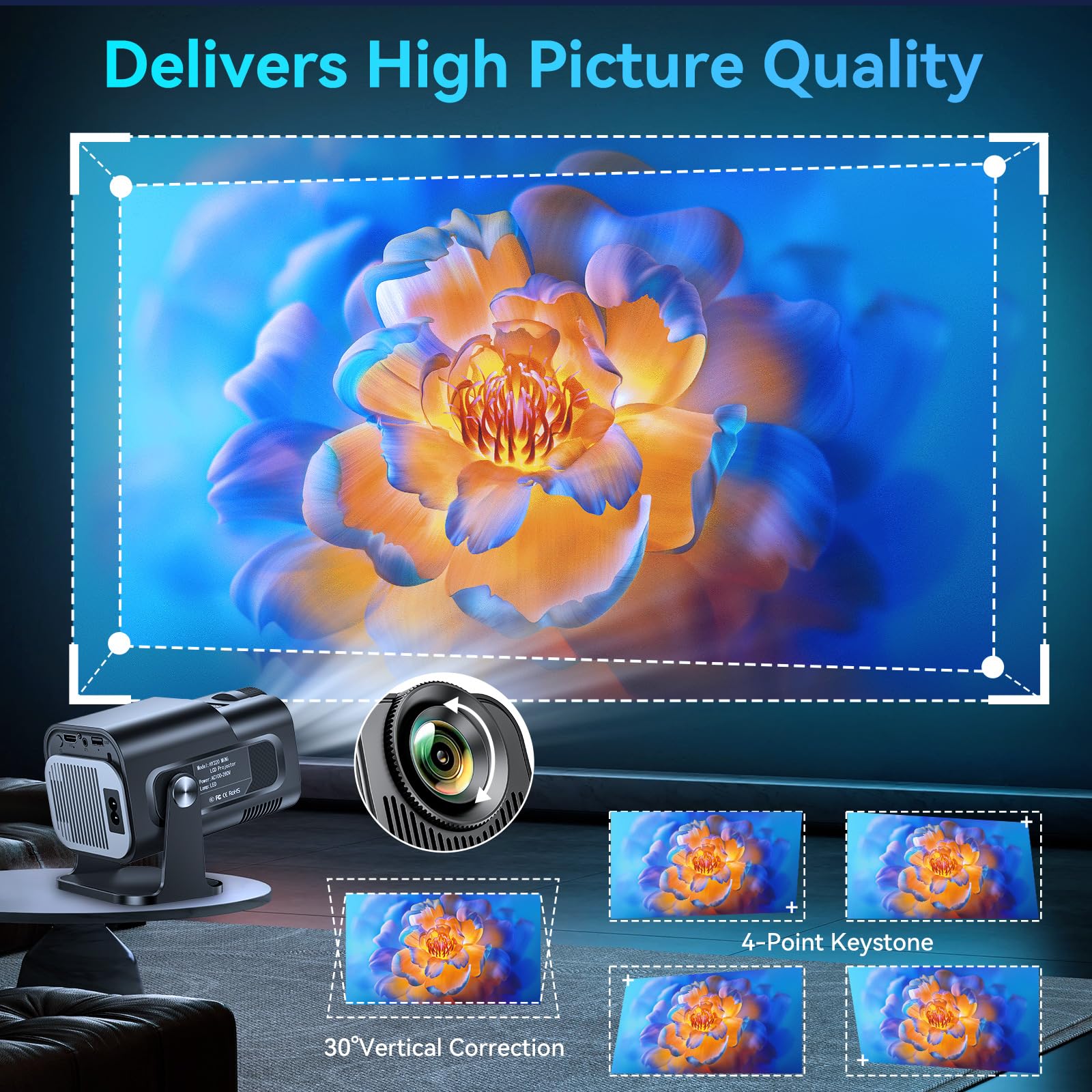 2024 Upgraded Smart Mini Projector with Android 11.0 - 1080P 4K Full HD Portable Projector | WiFi 6 & BT5.2 | 180° Adjustable Stand | Auto Keystone | Compatible with Phone/TV Stick/Laptop | Perfect for Home Theater, Outdoor Movie Nights & Office Presentations