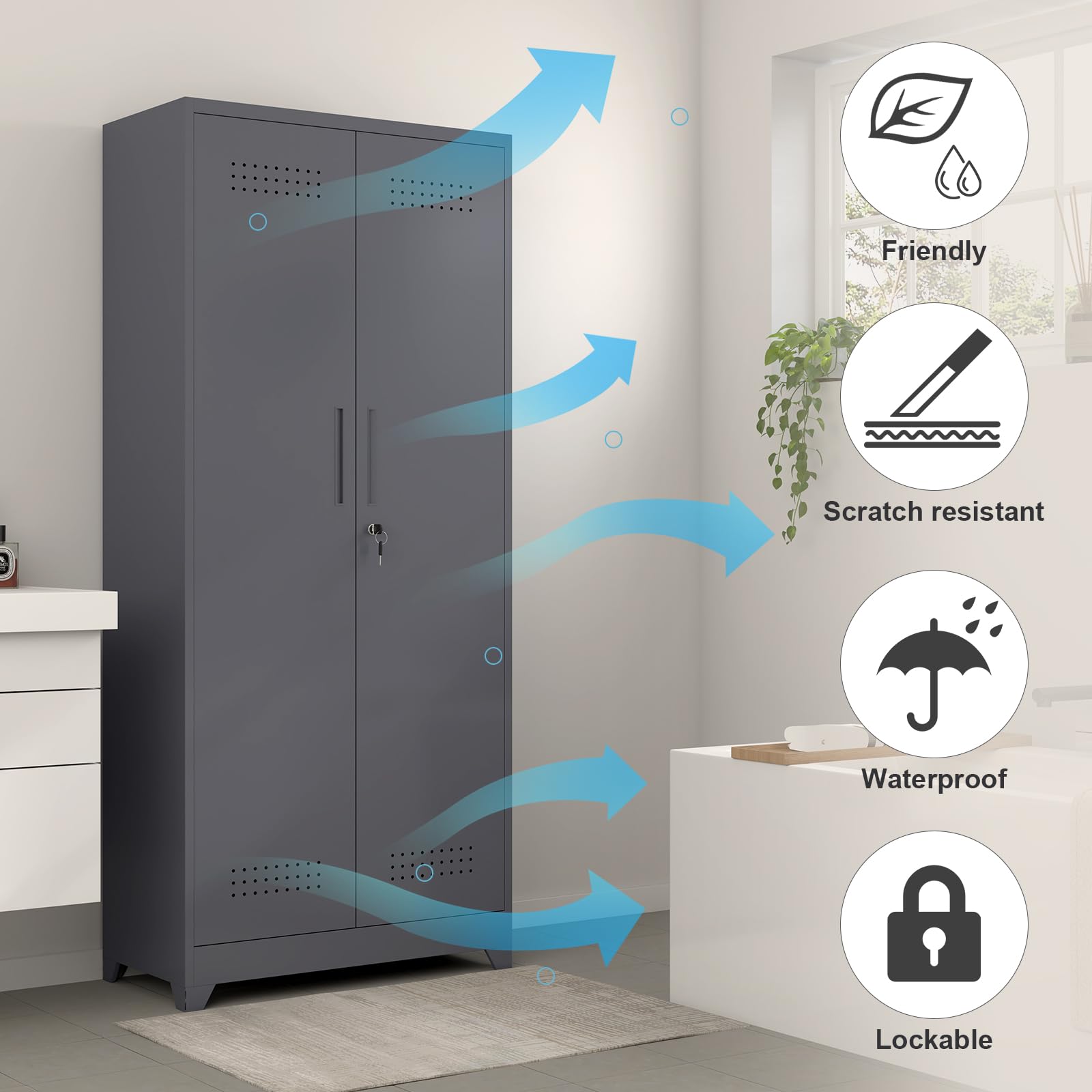 GREATMEET Heavy Duty Metal Storage Cabinet with Adjustable Shelves - Broom Closet Organizer for Cleaning Supplies, Bathroom & Garage Storage - Perfect for Home, Office, and Workshop Organization