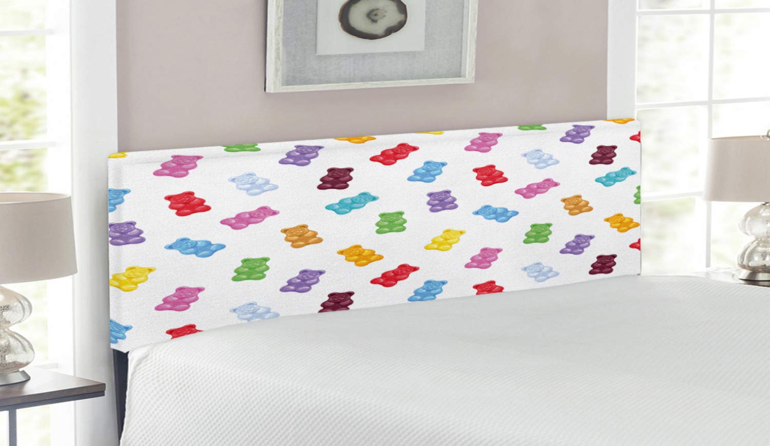 Ambesonne Vibrant Gummy Bear Headboard - Queen Size Upholstered Decorative Metal Bed Frame with Memory Foam | Colorful Candy-Themed Bedroom Decor for Kids & Teens Rooms | Sweet Treat Inspired Home Furnishing