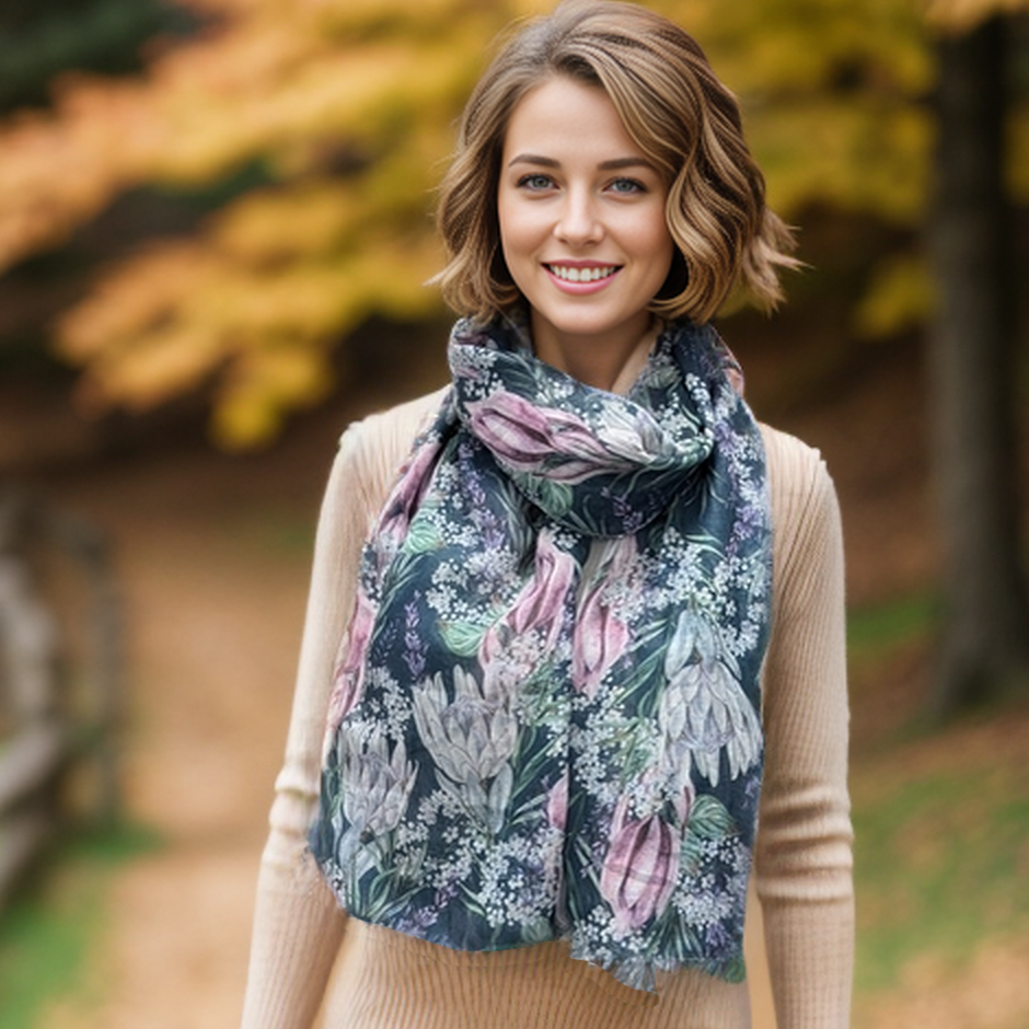 Winter Protea Scarf (70x180cm) - Limited Edition Teal Blue Cashmere Wrap - Perfect for Cold Weather, Holiday Gifts & Fashion Accessories