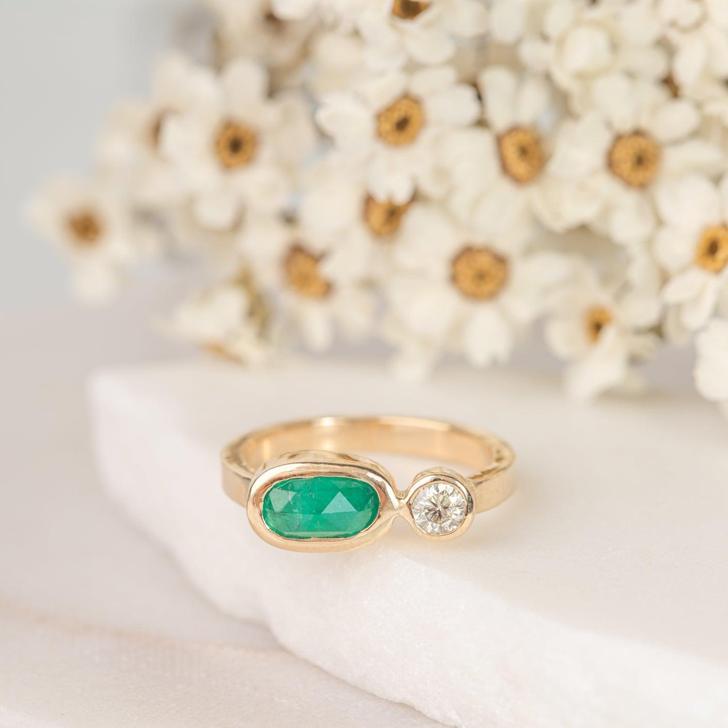 Maria Emerald & Diamond Ring for Women - 14K Gold Vintage Style Engagement & Wedding Band - Perfect for Anniversaries, Proposals & Special Occasions