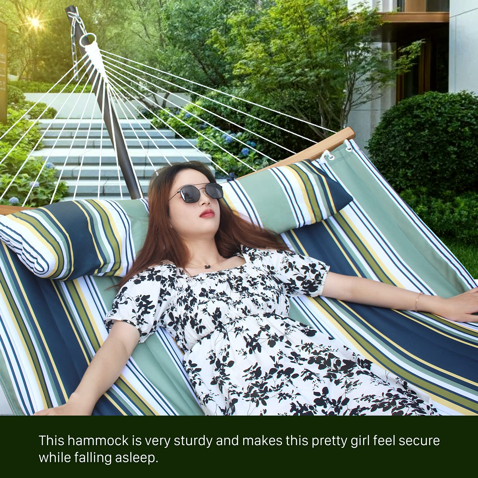 12.8ft Double Hammock with Stand & Curved Bamboo Spreader Bar - Heavy Duty 2 Person Hammock 450lbs Capacity in Navy Blue & Aqua - Perfect for Backyard, Camping, Beach and Outdoor Relaxation