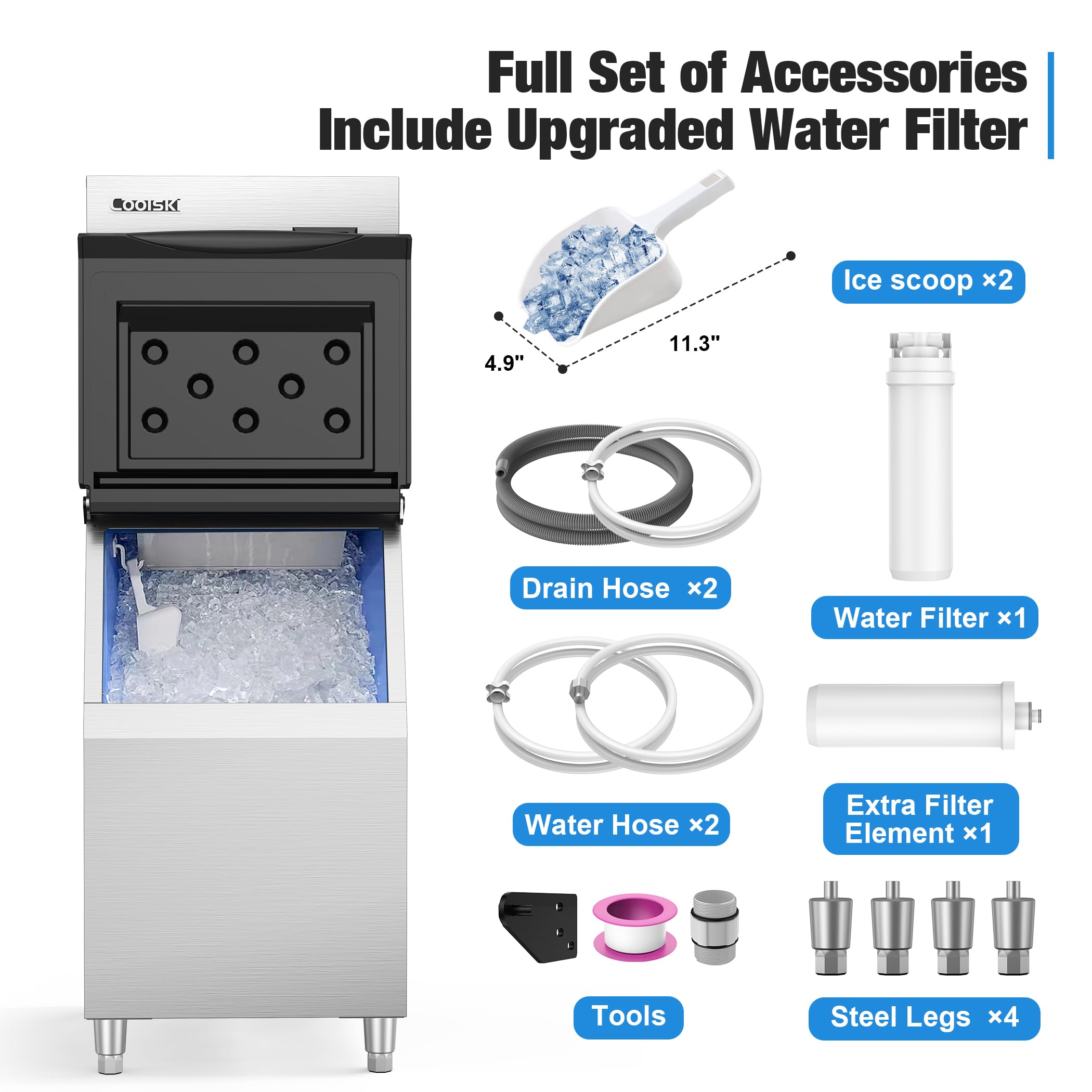Commercial Ice Maker Machine 450LBS/24H - 22'' Wide Stainless Steel Ice Machine with 300LBS Storage Bin | Air Cooled Clear Ice Cube Maker for Restaurants, Bars, Cafes & Businesses | Perfect for Cocktails, Beverage Service & Food Preservation