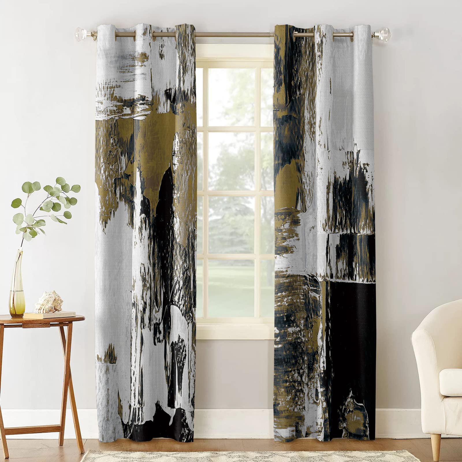 Abstract Green Brown Brush Stroke Textured Blackout Curtains - Thermal Insulated Room Darkening Window Drapes for Living Room & Bedroom (2 Panels, 52x90 Inches) - Perfect for Modern Home Decor, Sun Protection & Energy Saving