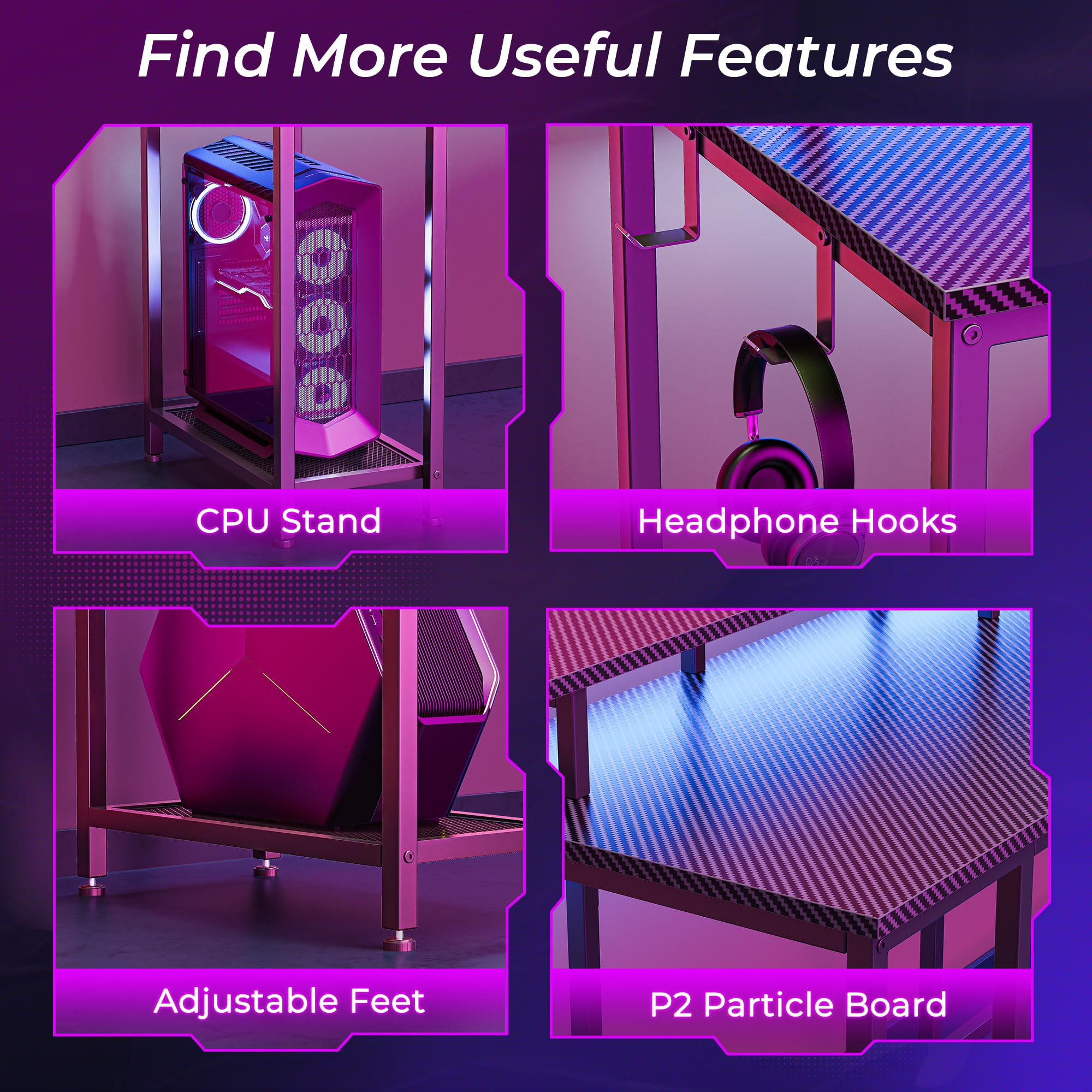 SUPERJARE L-Shaped Gaming Desk with LED Lights & Power Outlets, Ergonomic Computer Desk with Monitor Stand & Headphone Hooks, Carbon Fiber Black Home Office Corner Desk for Streaming, Gaming & Workstation Setup