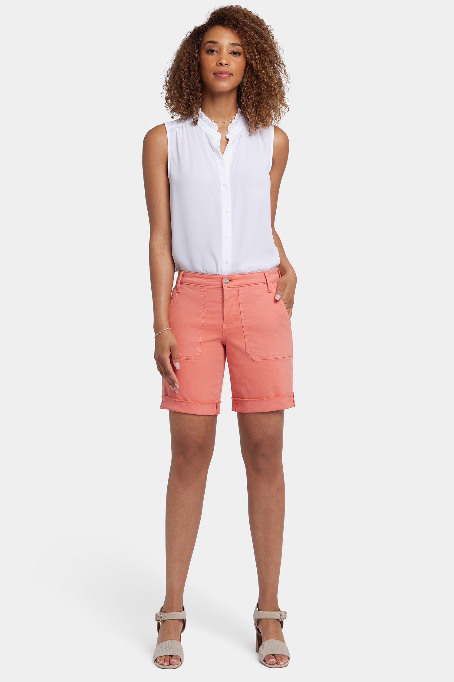 Women's Diana Relaxed Fit Denim Shorts in Coral Haze - Comfortable High Waist Distressed Jeans for Summer Casual Outfits and Beach Vacations