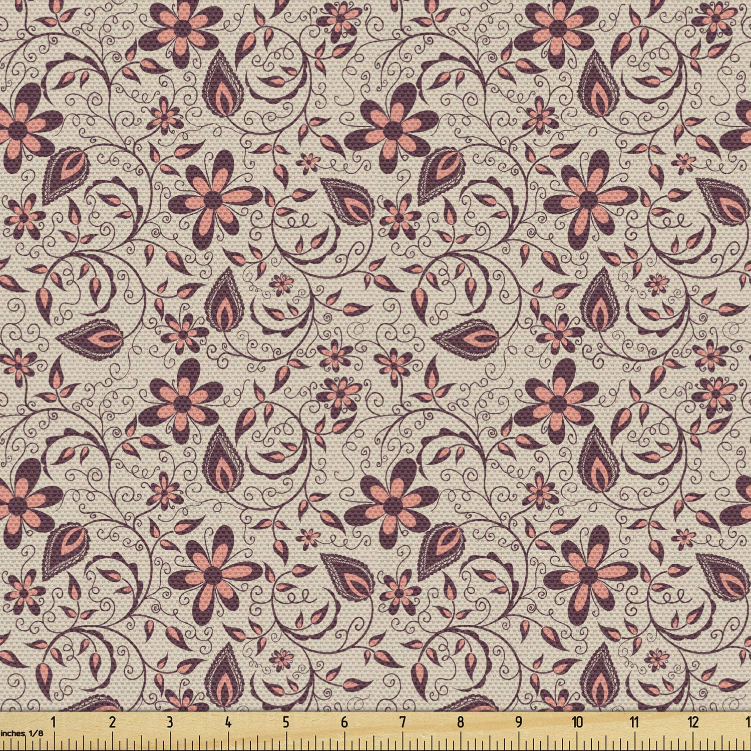 Ambesonne Floral Fabric by The Yard - Retro Blossoming Spring Meadow Pattern with Curly Details | 10 Yards Maroon Coral Upholstery Fabric for Sofa, Curtains & Home Decor | Perfect for DIY Projects, Crafting & Interior Design