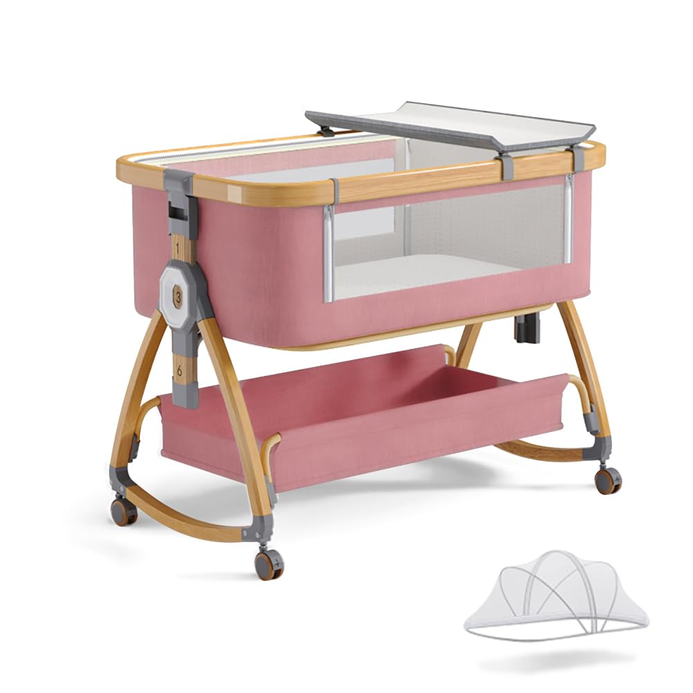 Bonbay 4-in-1 Portable Baby Bassinet Bedside Sleeper with Wheels, Mosquito Net & Storage Basket - 6 Height Adjustable Rocking Crib for Newborns | Perfect for Nursery, Bedroom Co-Sleeping & Travel