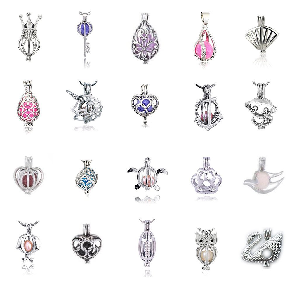 15pcs Pearl Bead Cage Pendants - White Gold Plated DIY Jewelry Making Supplies for Necklaces & Earrings - Essential Oil Diffuser Lockets (Random Styles) - Perfect for Handmade Gifts, Boho Fashion & Aromatherapy Accessories