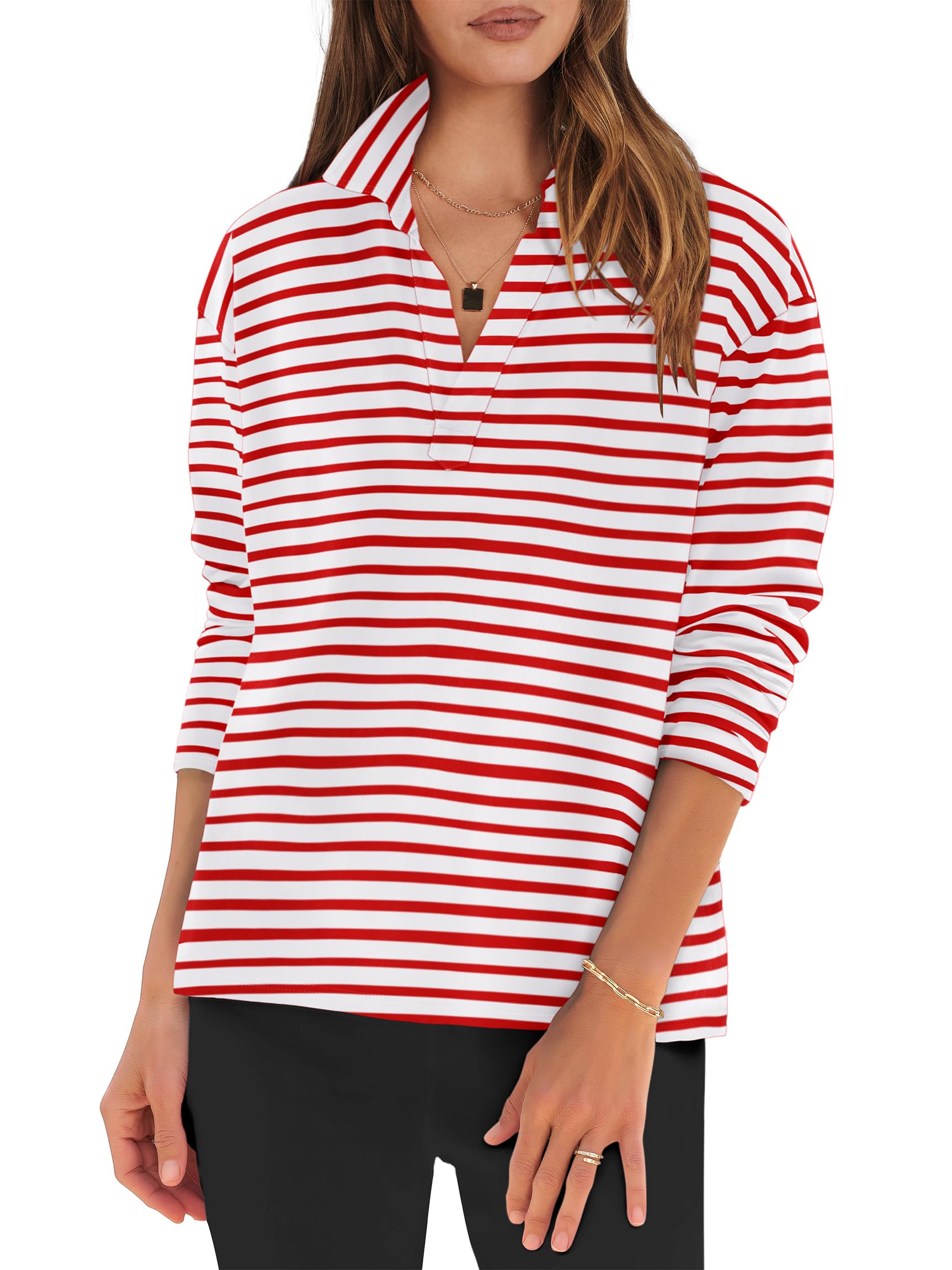 ANRABESS Women's Long Sleeve Polo Shirt - Casual V Neck Collared Blouse, Loose Fit Work Top for Spring & Summer | Office Wear, Business Casual, Weekend Outfits