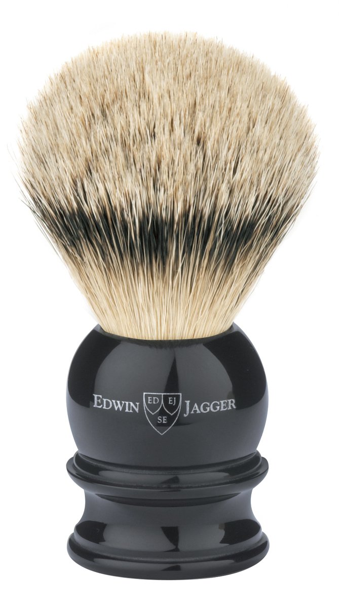 Edwin Jagger Large Silver Tip Badger Hair Shaving Brush with Drip Stand - Premium Imitation Ebony Handle - Luxury Wet Shaving Essential for Men's Grooming Routine