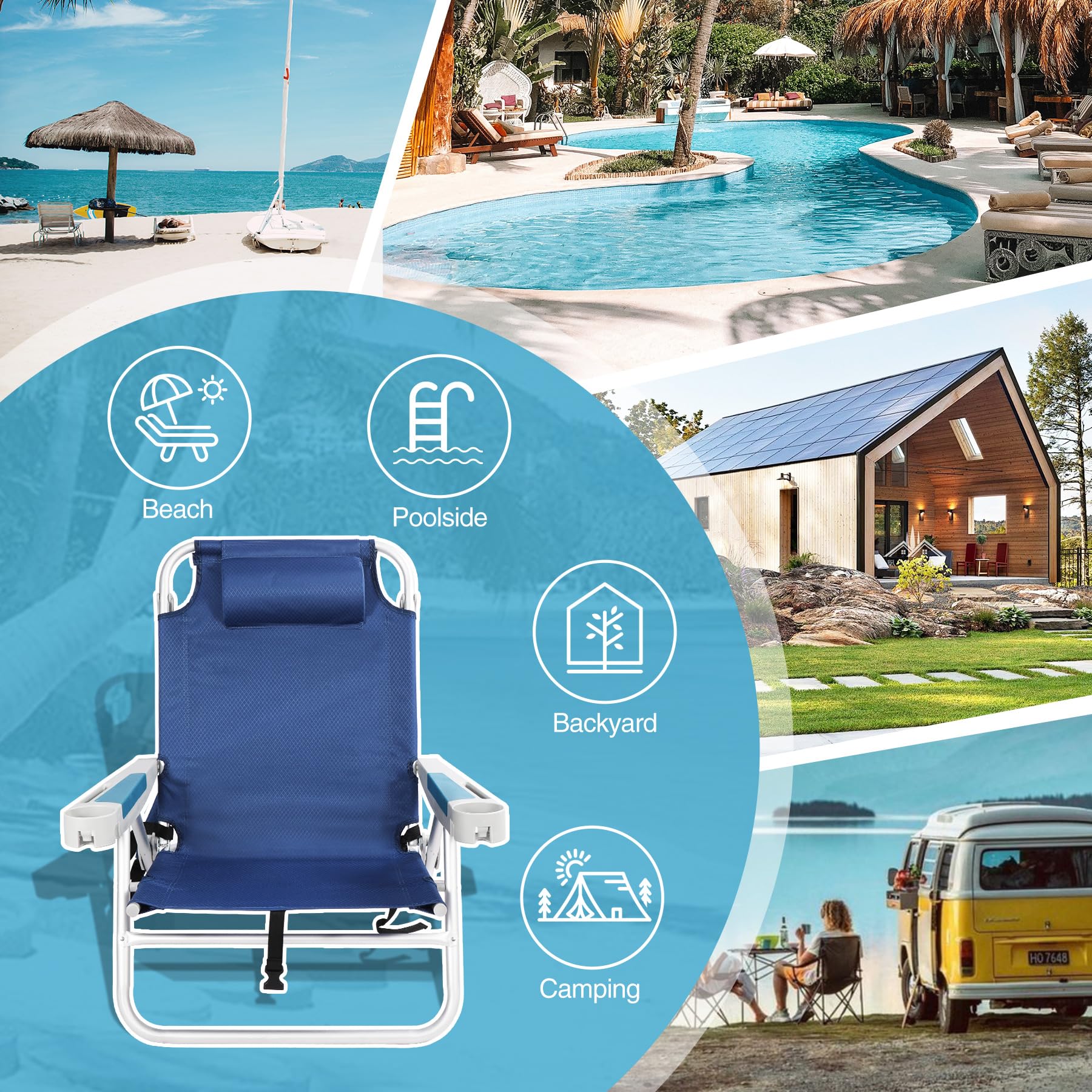 REDCAMP 2 Pack XL 5-Position Adjustable Aluminum Beach Camping Chairs for Adults - Portable Lounge Chair with Cup Holder, Pillow & Towel Bar - Perfect for Sand, Beach, Poolside, Picnics & Outdoor Adventures