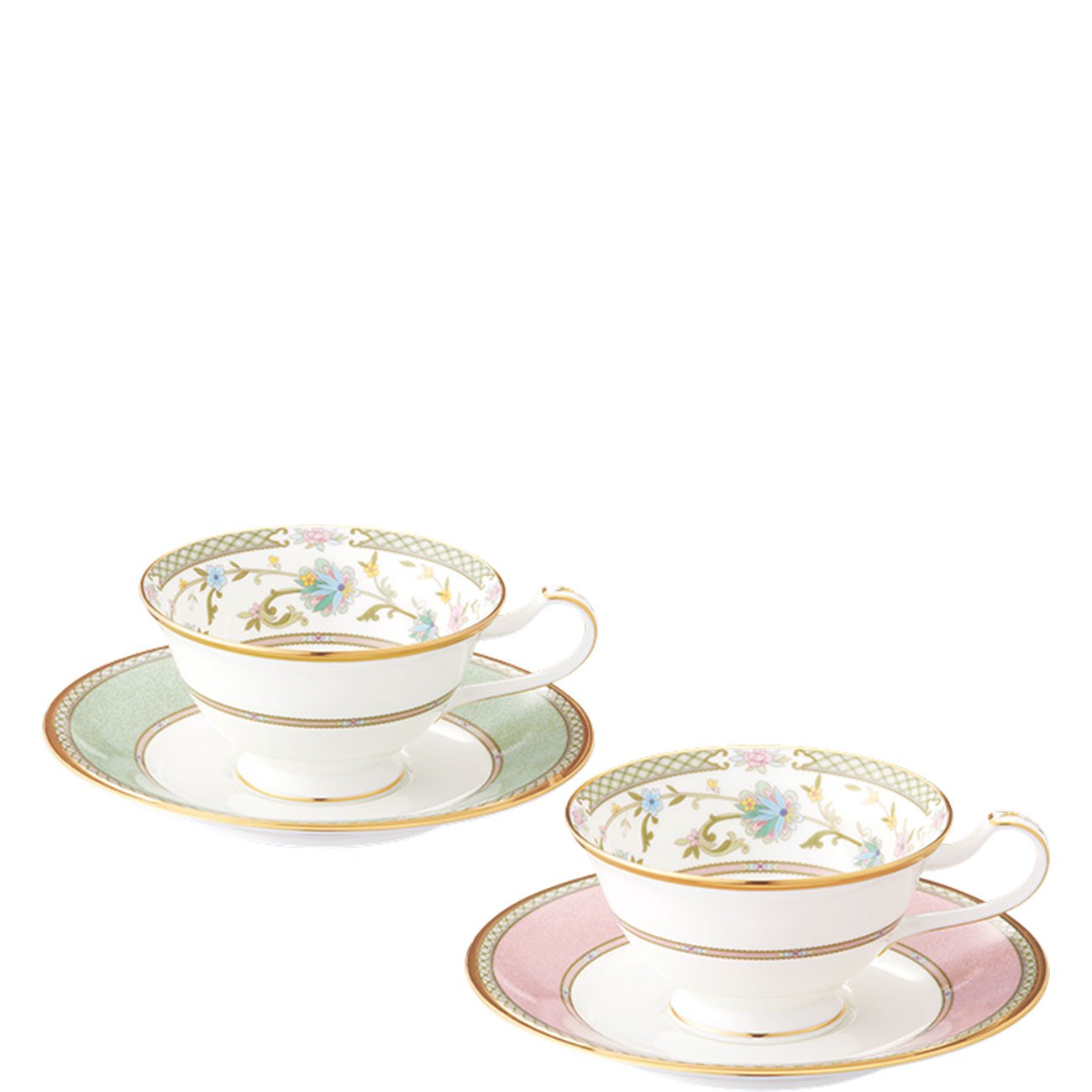 Noritake Bone China Tea and Coffee Cup Set - Yoshino Green & Pink Bowls (Pair) Y6988/998307 - Elegant Japanese Import for Afternoon Tea & Gifting