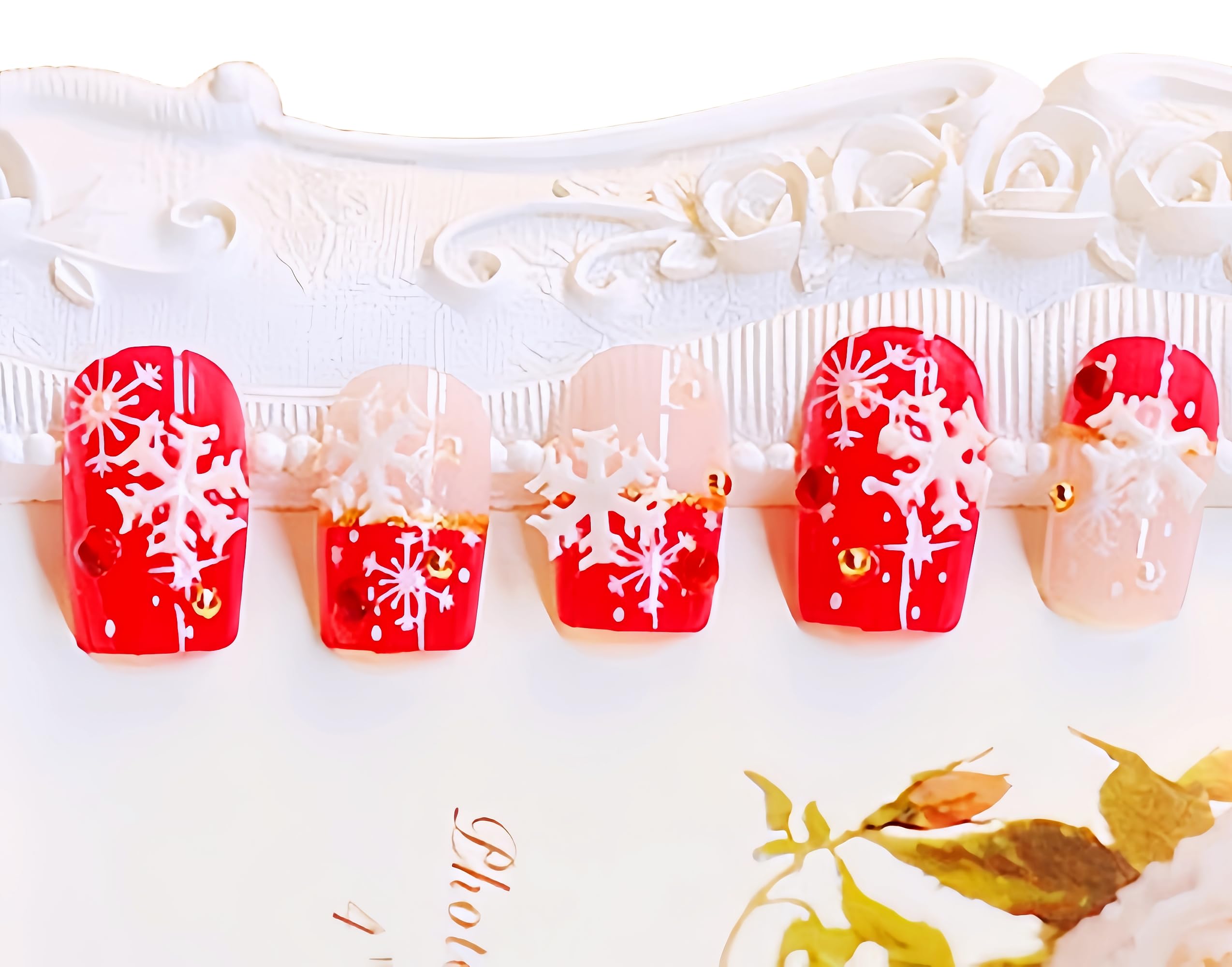 24pcs Christmas Press On Nails with Glue - 3D Snowflake French Tip Fake Nails in Red & Pink for Women & Girls | Holiday Party & Gift Idea