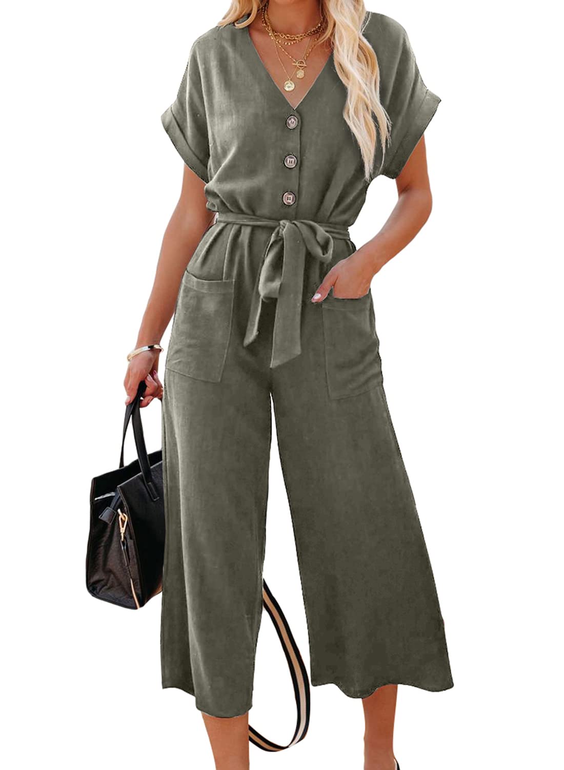 Acelitt Women's Casual V-Neck Short Sleeve Button Belted Wide Leg Jumpsuit - Summer Outfits for Beach, Vacation & Everyday Wear (Sizes S-XXL)
