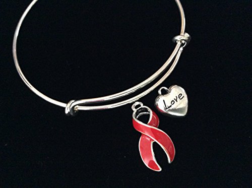Red Awareness Ribbon Love Heart Charm Adjustable Bracelet - Expandable Bangle for Women, Customizable Go Red Gift - Perfect for Breast Cancer Awareness, Fundraisers & Support Gifts