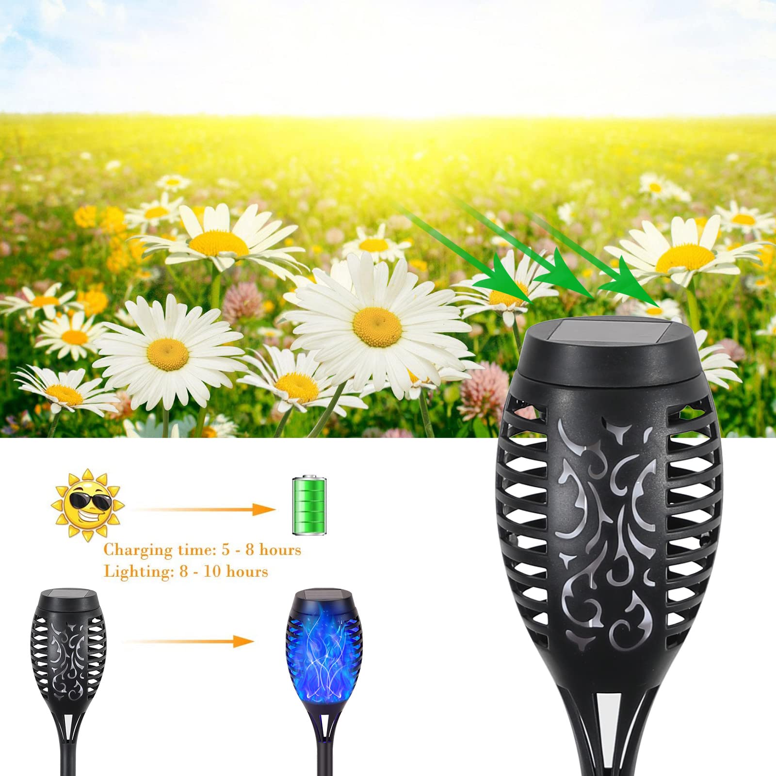 6 Pack Solar Lights Torches - Blue LED Flickering Flame Outdoor Waterproof Pathway Lights for Garden, Yard & Patio | Solar Powered Auto On/Off Landscape Lanterns | Perfect for Walkways, Driveways & Poolside Decor