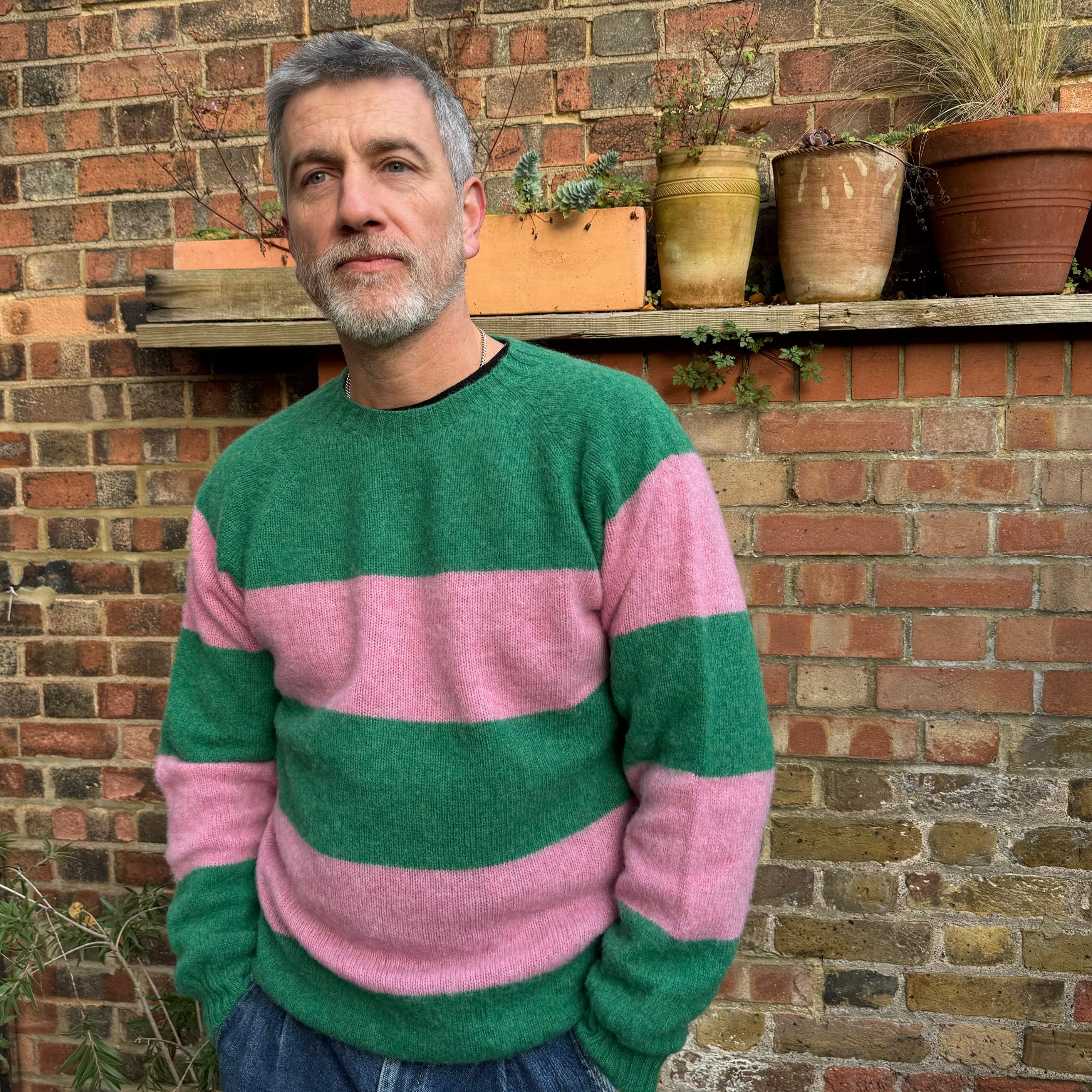 Lowie Men's Pink and Green Striped Jumper Sweater - Casual Pullover for Winter Warmth & Stylish Outfits