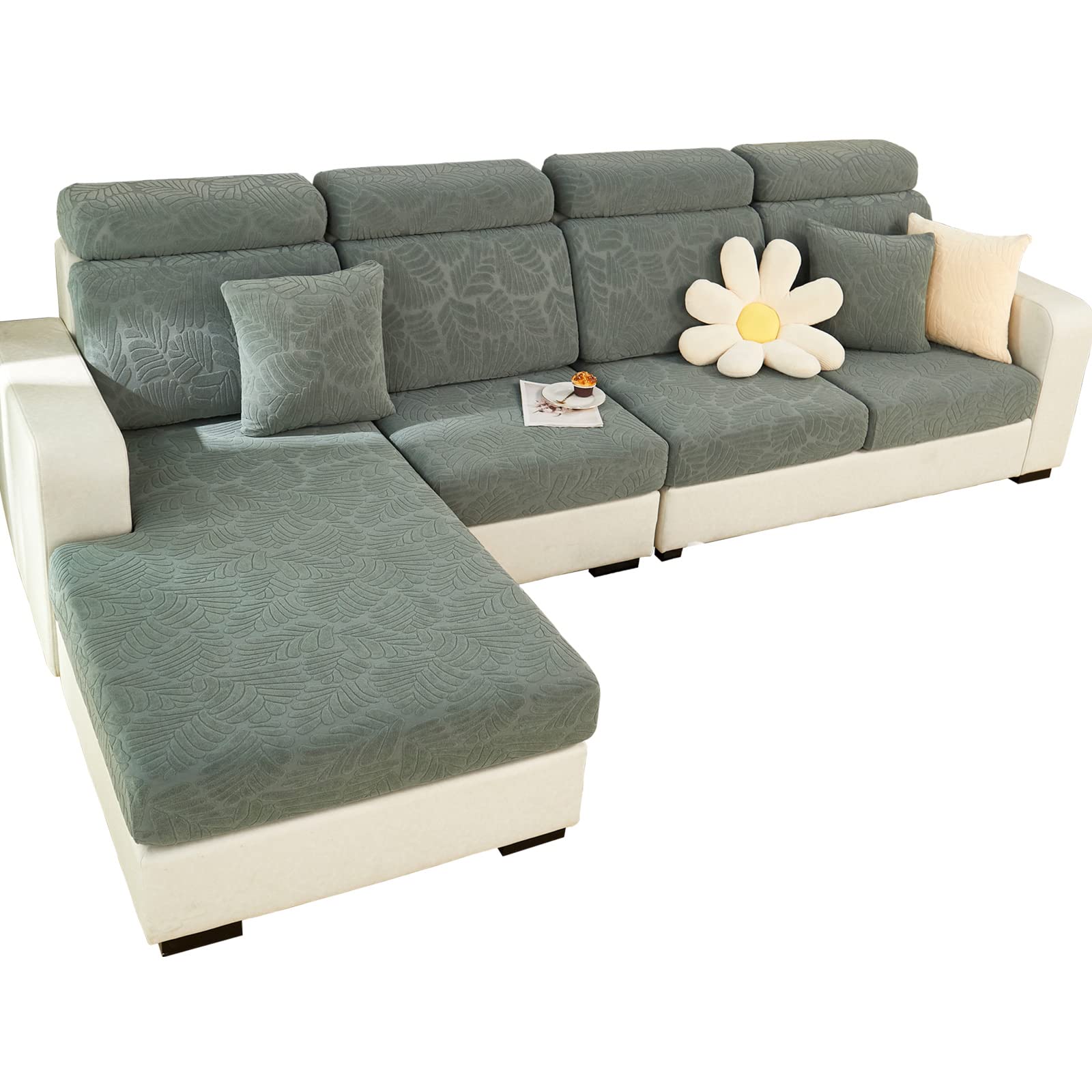 Stretchable Universal L-Shaped Sofa Slipcover - Wear-Resistant Magic Couch Cushion Cover for 3-Seater | MIFXIN Furniture Protector in Leaves Green | Perfect for Living Room, Sectional Sofa & Chaise Lounge Protection