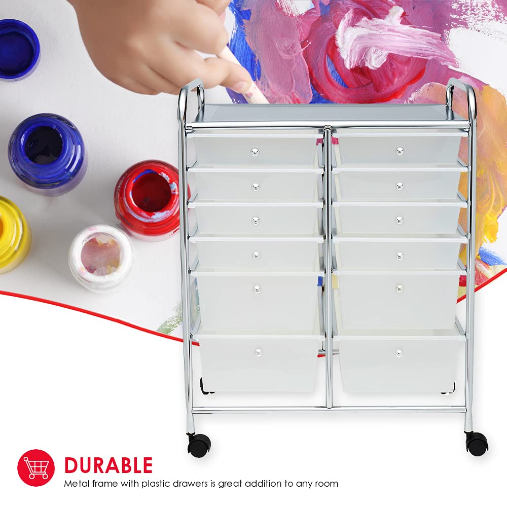 Home Basics 12-Drawer Storage Cart - White Rolling Organizer with Multi-Size Drawers & Castor Wheels | Perfect for Office Supplies, Craft Organization, Bedroom & Bathroom Storage | Portable Mobile Storage Solution