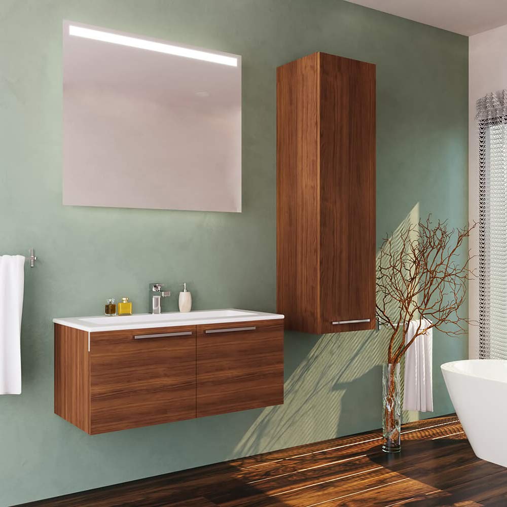 32 Inch Single Sink Bathroom Vanity Set with LED Mirror & Side Cabinet - Modern Floating Wood Vanity with Soft Closing Doors & Ceramic Sink - Wall Mounted Bathroom Storage - Matte Walnut Finish - Perfect for Small Bathrooms, Apartments & Modern Home Decor