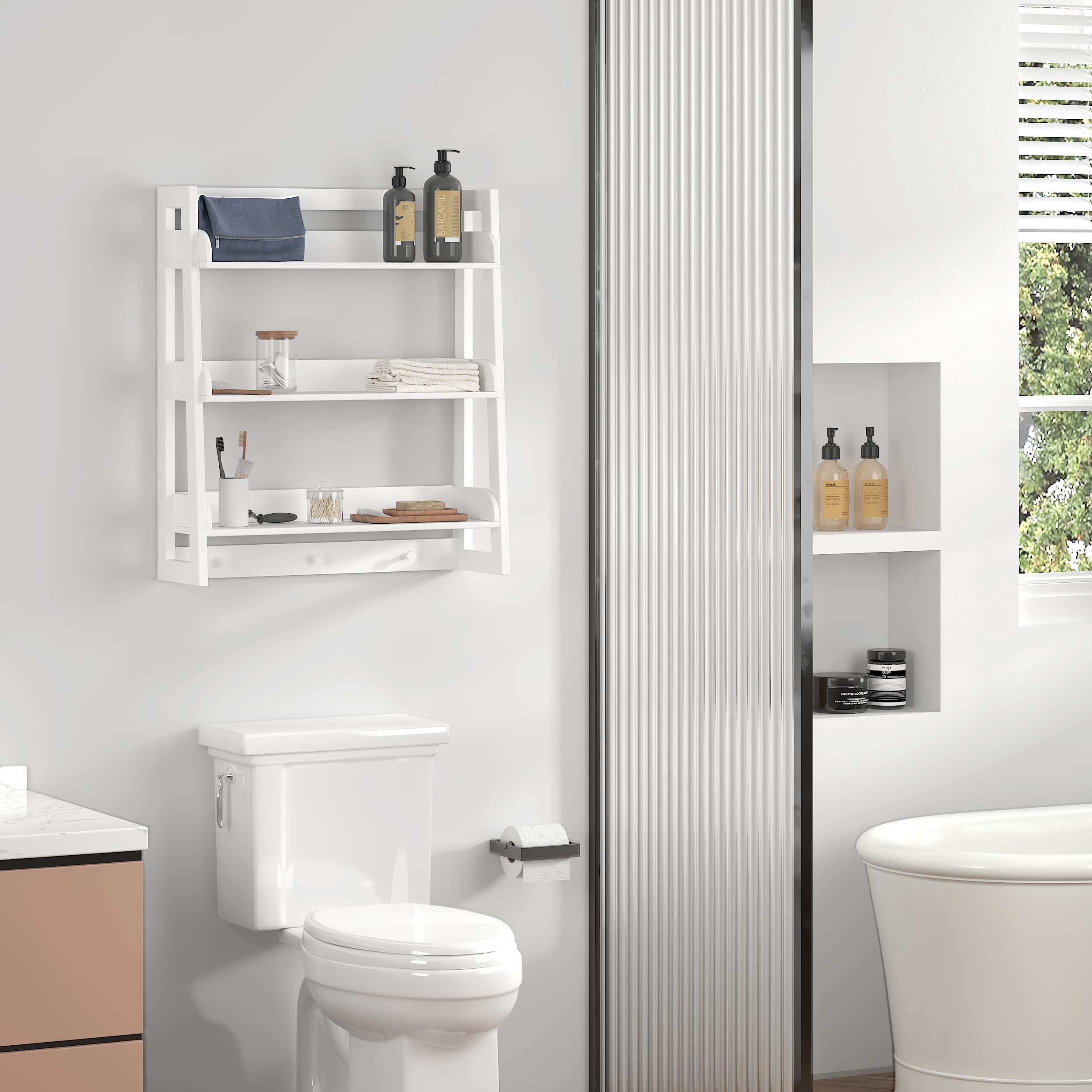 UTEX 3-Tier Over Toilet Storage Shelf Organizer - Bathroom Wall Mount Shelf with Hooks, White - Perfect for Small Bathroom Organization & Towel Storage