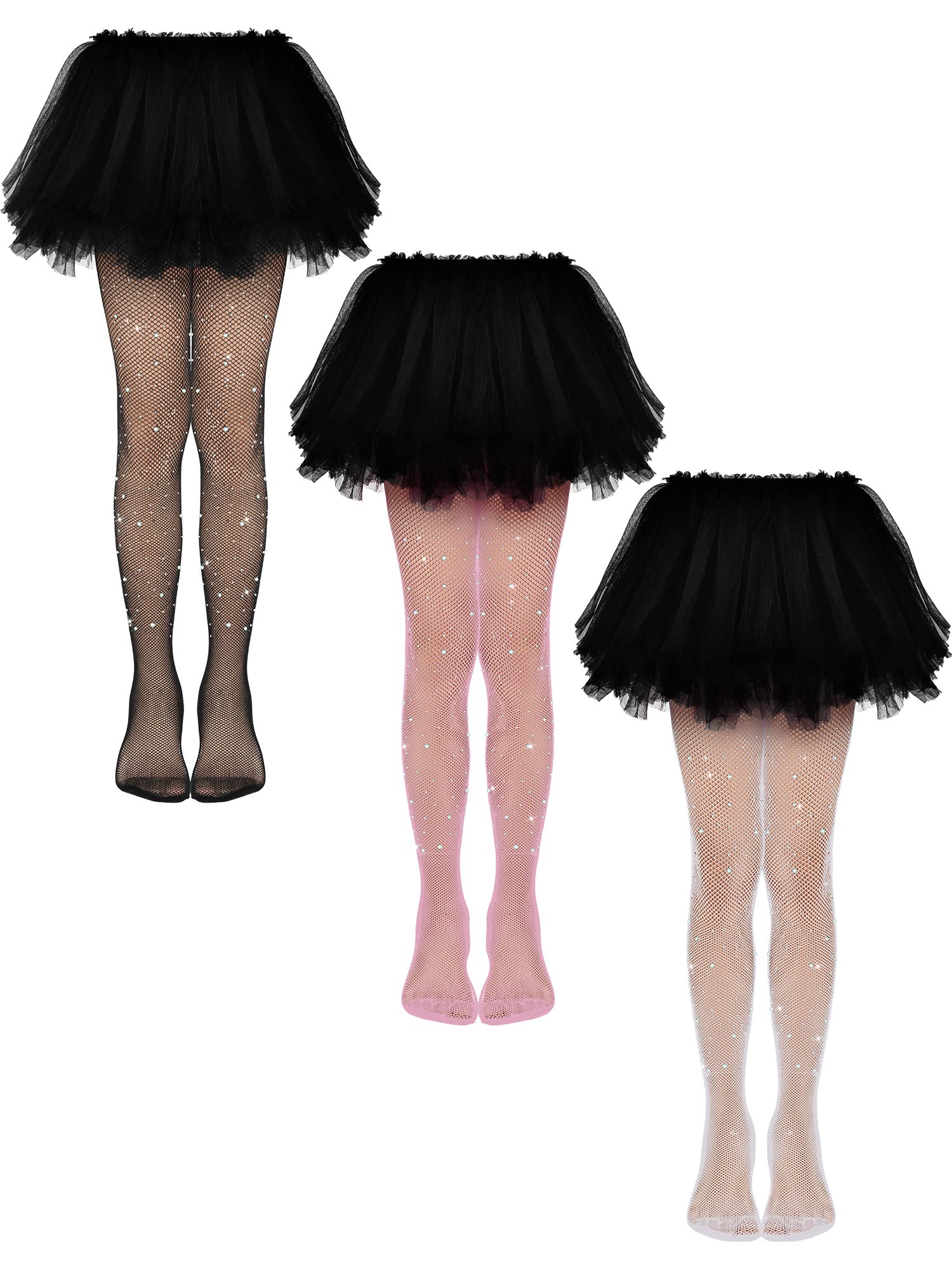 Geyoga 3 Pairs Girls Rhinestone Tights - Sparkle Fishnet Stockings for Kids, Bling Mesh Glitter Hollow Out Pantyhose | Perfect for Dance Costumes, Party Outfits & Holiday Dress Up